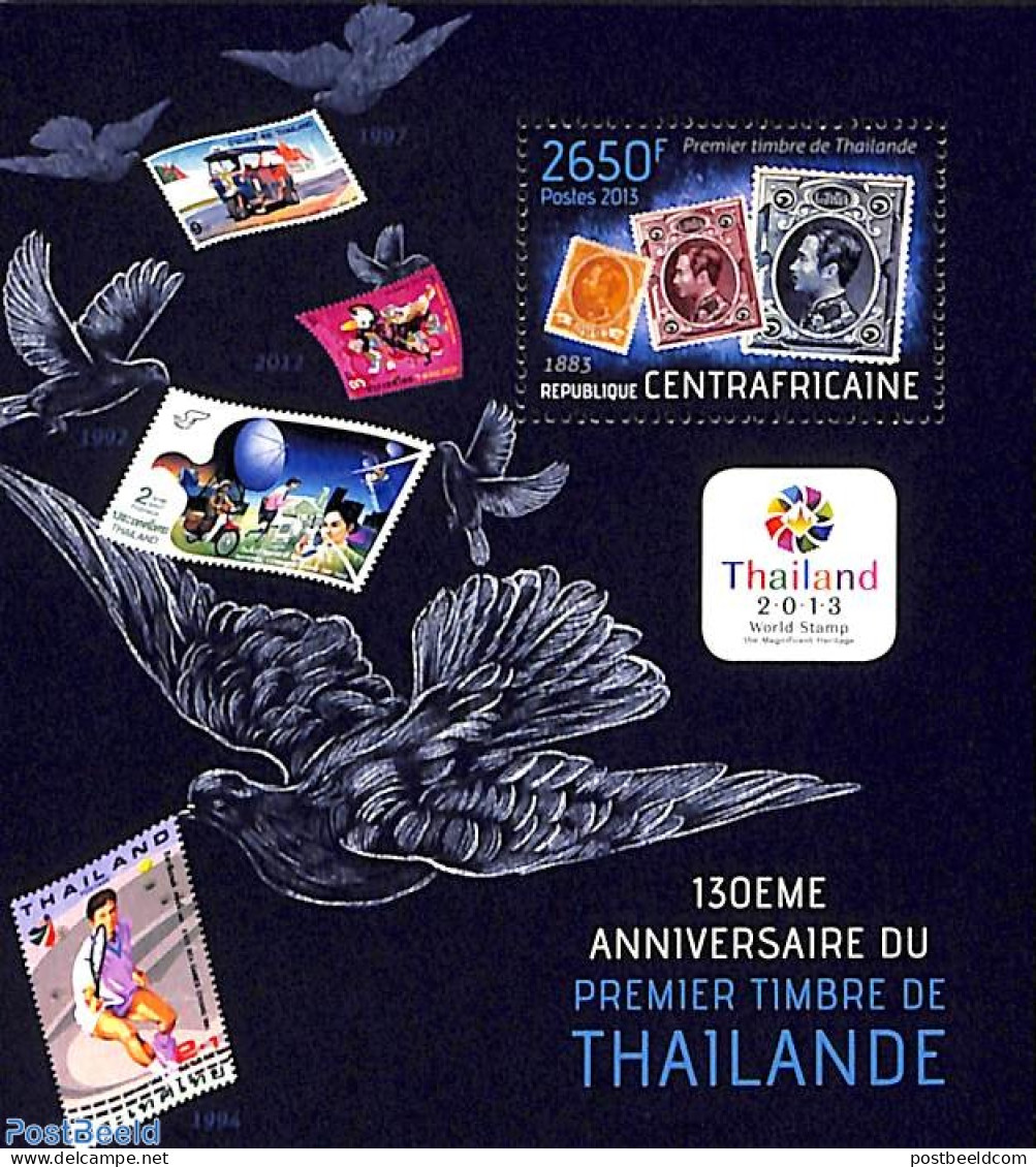 Central Africa 2013 First Thai Stamps S/s, Mint NH, Nature - Birds - Stamps On Stamps - Postzegels Op Postzegels