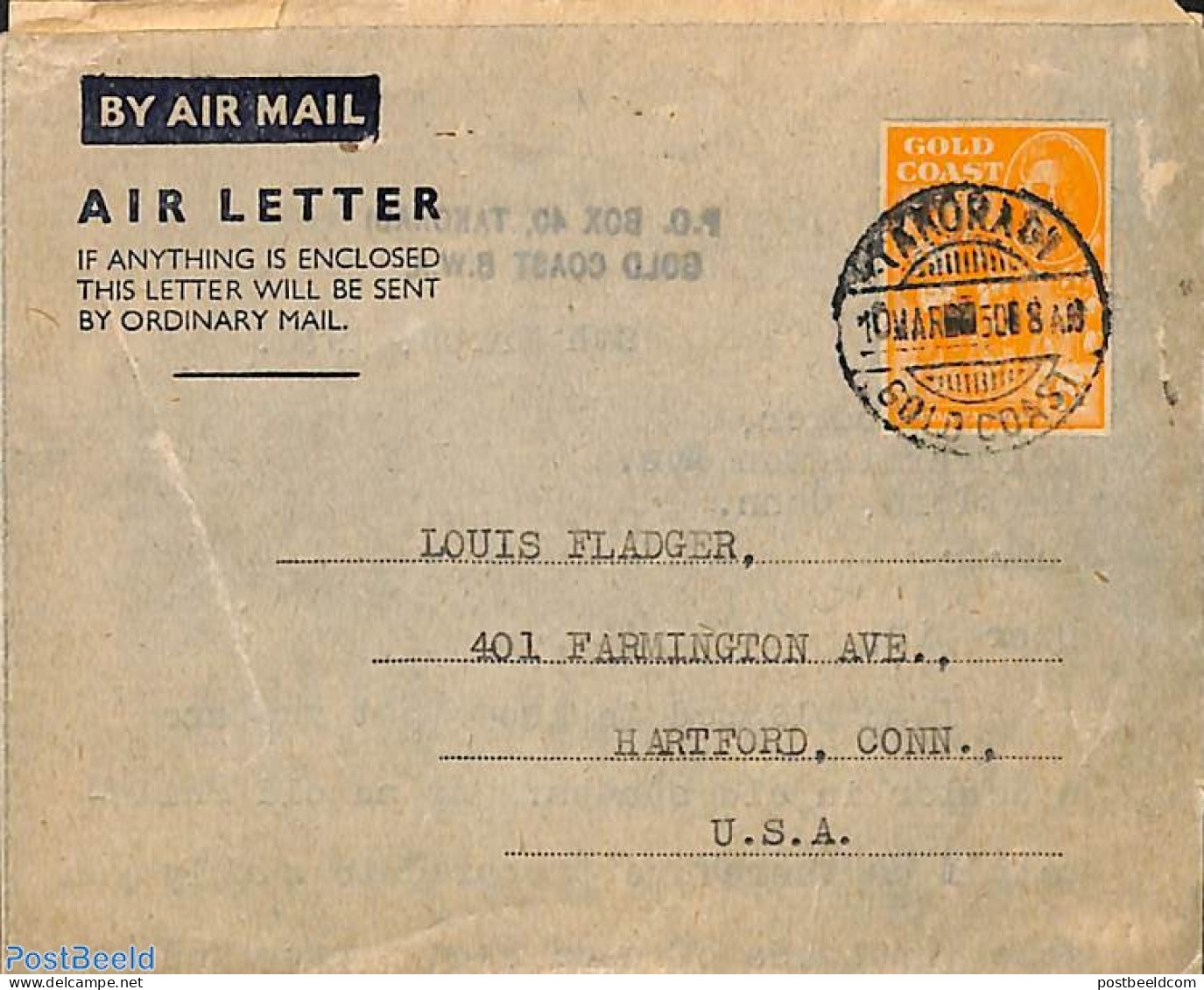 Gold Coast 1950 Air Letter To USA, Used Postal Stationary - Andere & Zonder Classificatie