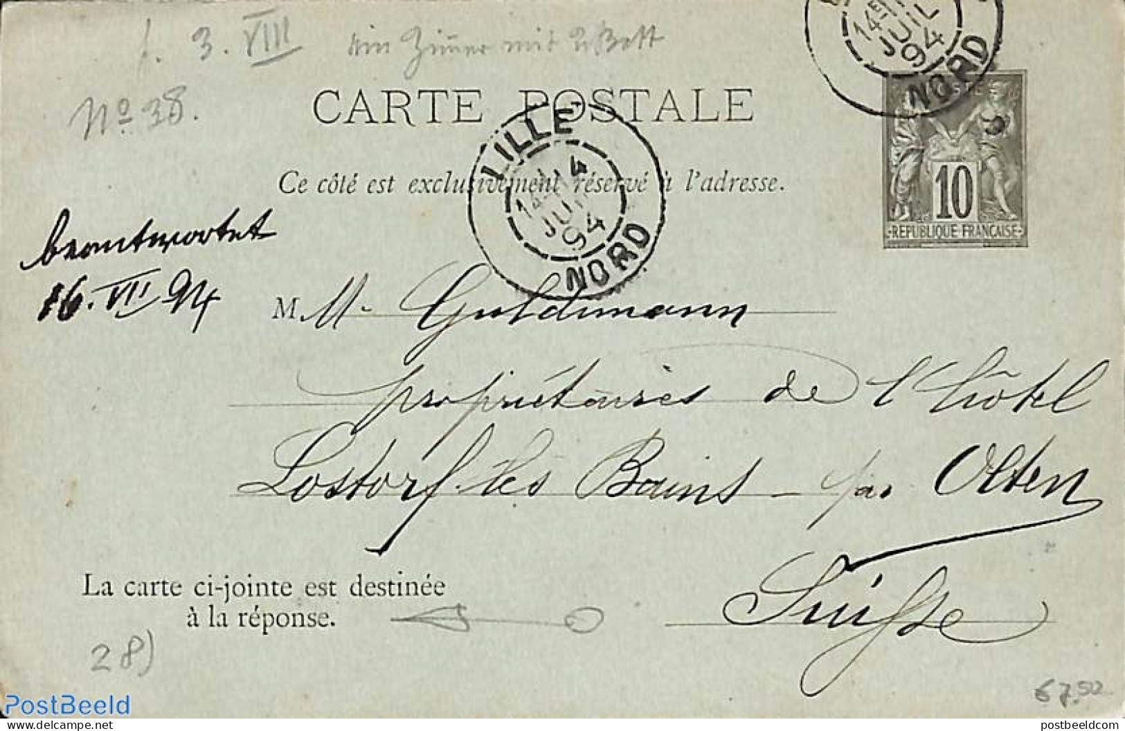 France 1894 Reply Paid Postcard 10/10c, Used Postal Stationary - 1859-1959 Covers & Documents