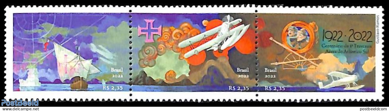 Brazil 2022 First South Atlantic Flight 3v [::], Mint NH, Transport - Aircraft & Aviation - Ships And Boats - Unused Stamps