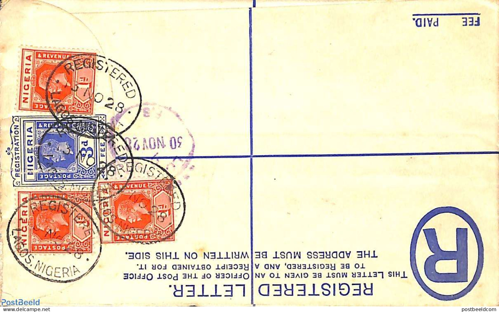 Nigeria 1928 Registered Letter, Uprated To Amsterdam (tear In 3d Stamp), Postal History - Sonstige & Ohne Zuordnung