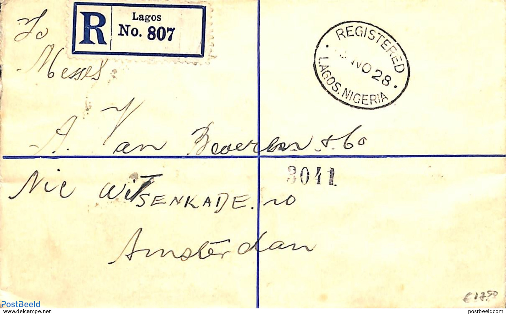 Nigeria 1928 Registered Letter, Uprated To Amsterdam (tear In 3d Stamp), Postal History - Andere & Zonder Classificatie