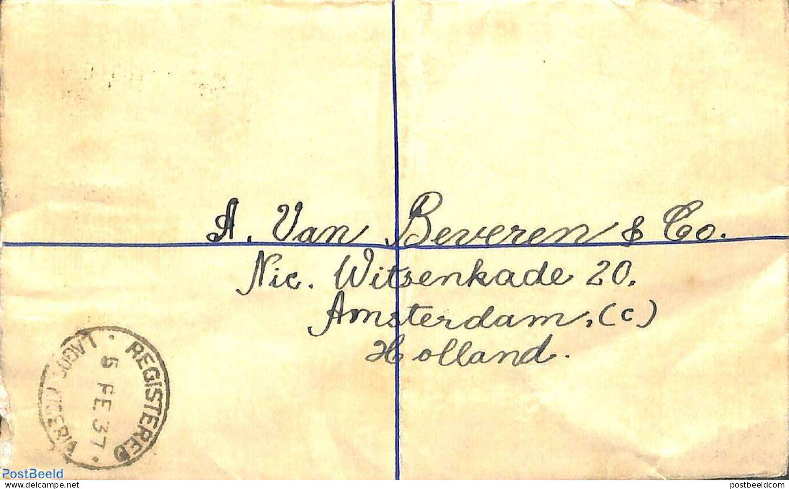 Nigeria 1937 Registered Letter, Uprated To Holland, Postal History - Andere & Zonder Classificatie