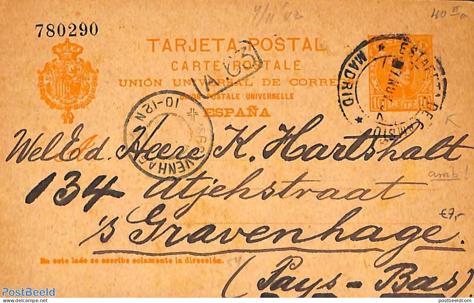 Spain 1902 Postcard 10c (P40IIa) To Holland, Used Postal Stationary - Brieven En Documenten