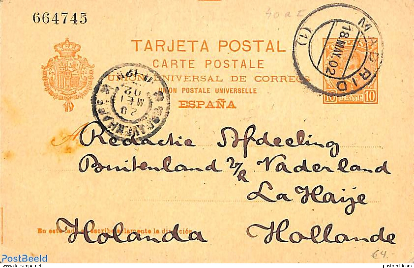 Spain 1902 Postcard 10c (P40aI) To Holland, Used Postal Stationary - Briefe U. Dokumente