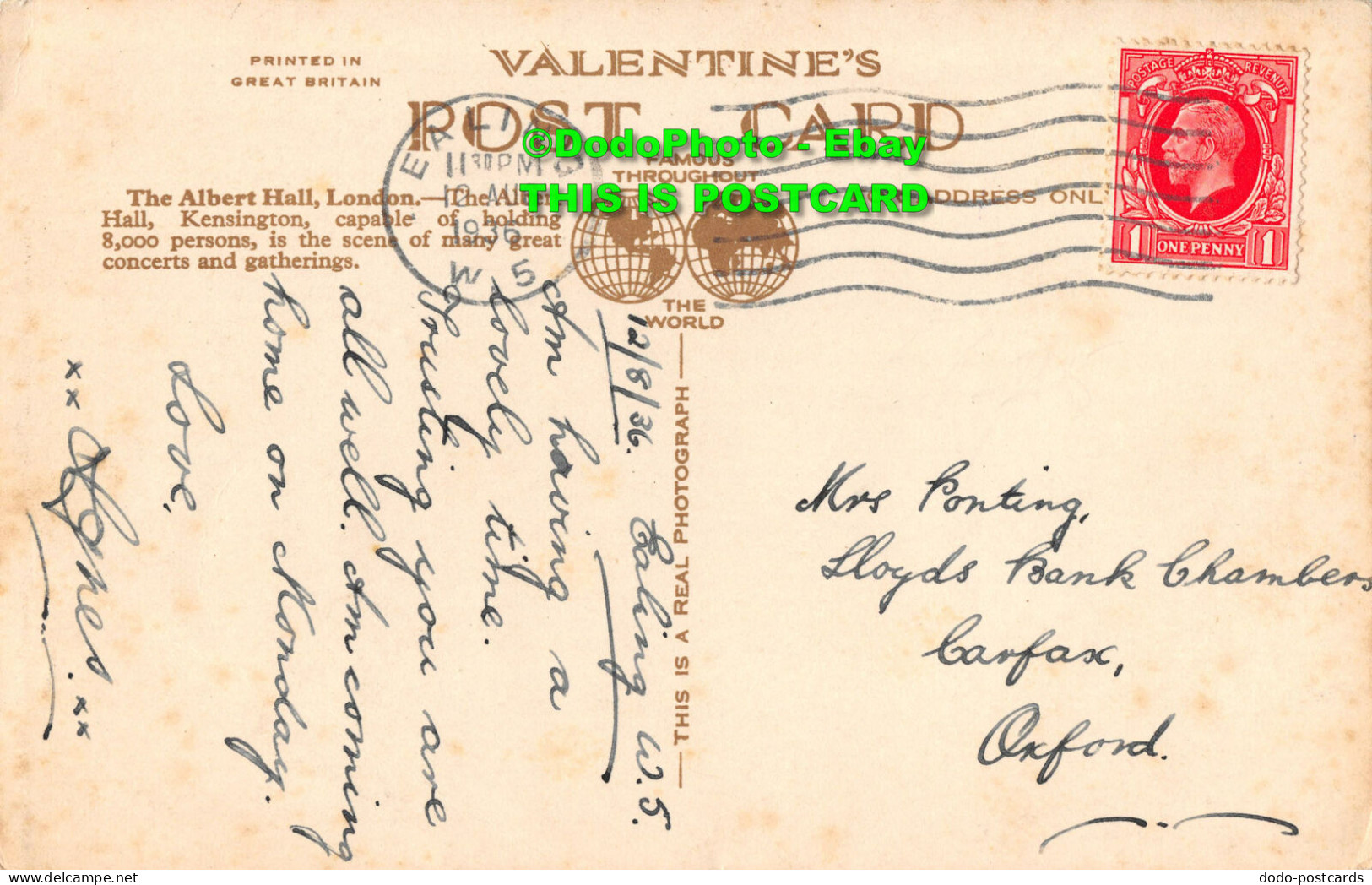 R354862 Albert Hall London. Valentine And Sons. RP. 1936 - Other & Unclassified