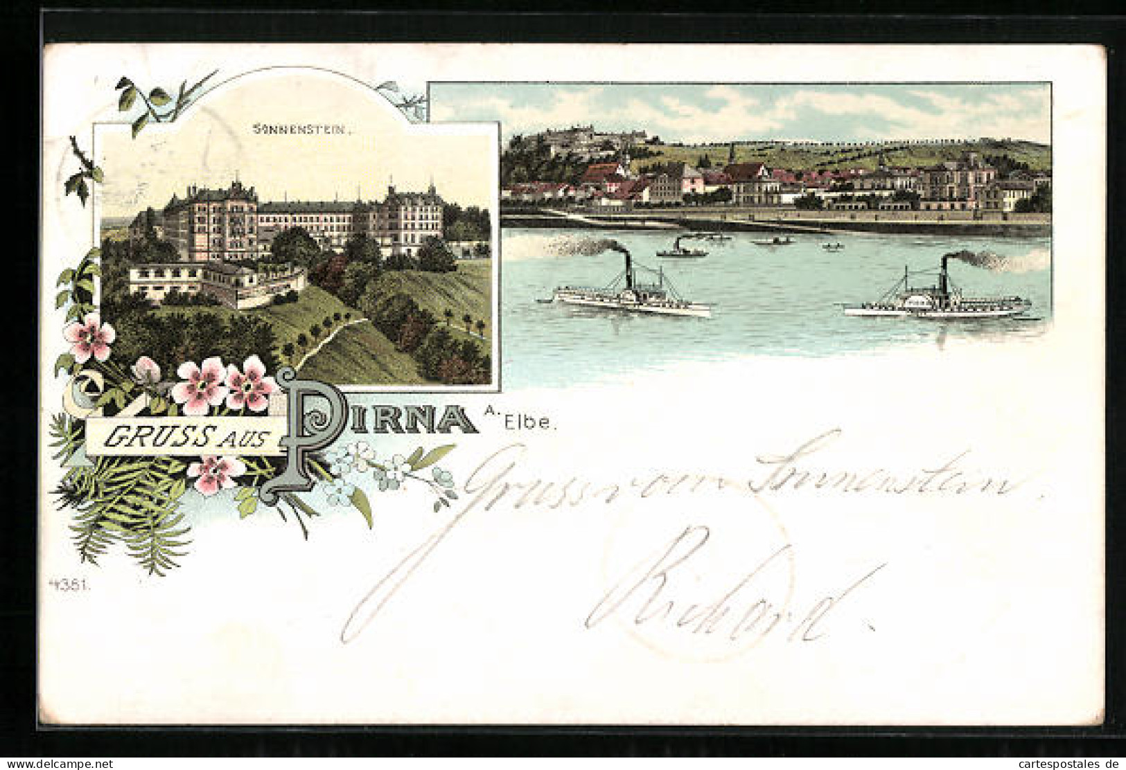 Lithographie Pirna A. Elbe, Sonnenstein, Flusspartie Mit Dampfern  - Pirna