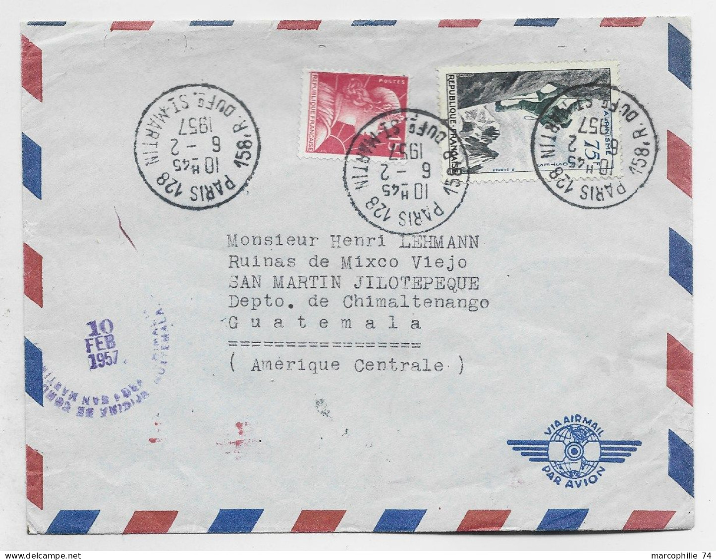 MULLER 15FR +75FR ALPINISME LETTRE AVION PARIS 128 6.2.1957 POUR GUATEMALA AU TARIF - 1955-1961 Marianne Of Muller