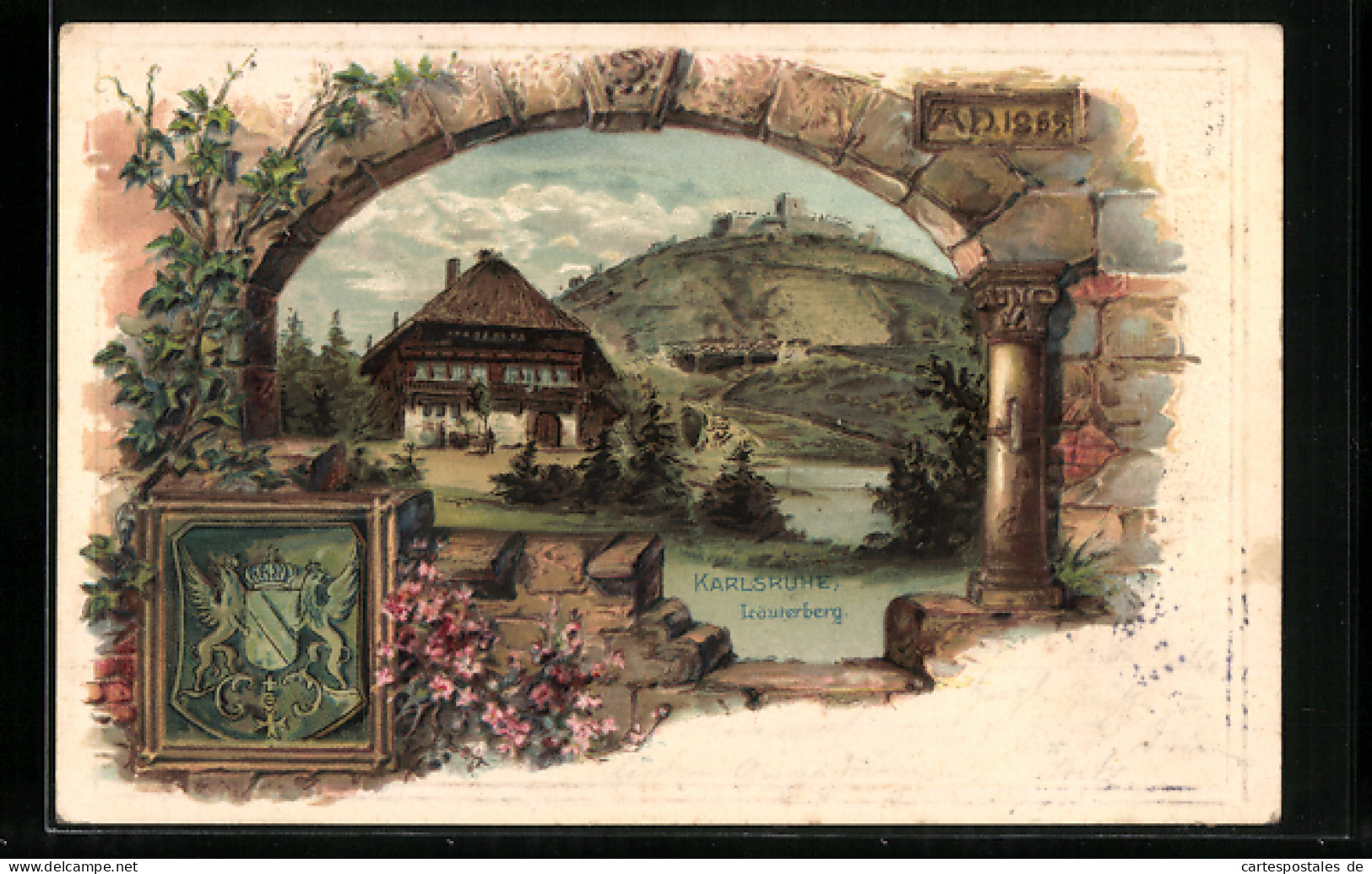 Präge-Lithographie Karlsruhe I. B., Gasthaus Auf Dem Läuterberg, Wappen  - Karlsruhe