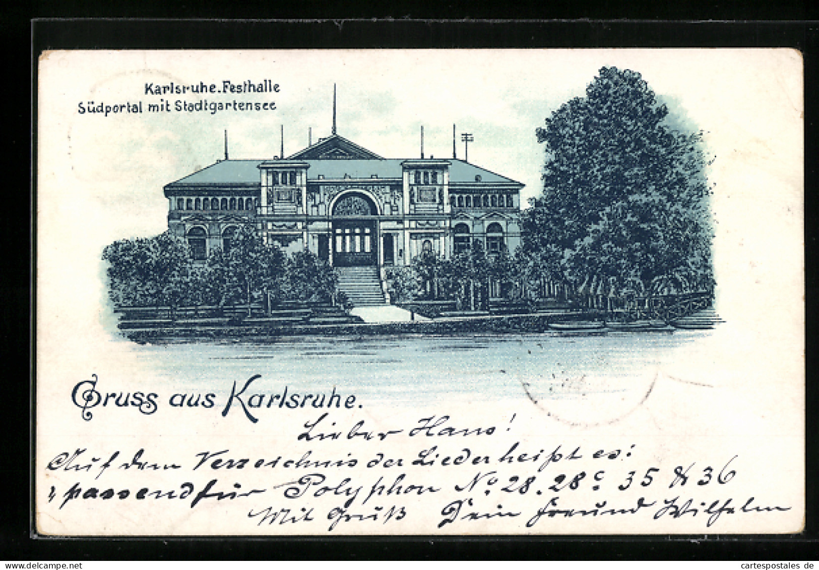 Lithographie Karlsruhe I. B., Festhalle, Südportal Mit Dem Stadtgartensee  - Karlsruhe