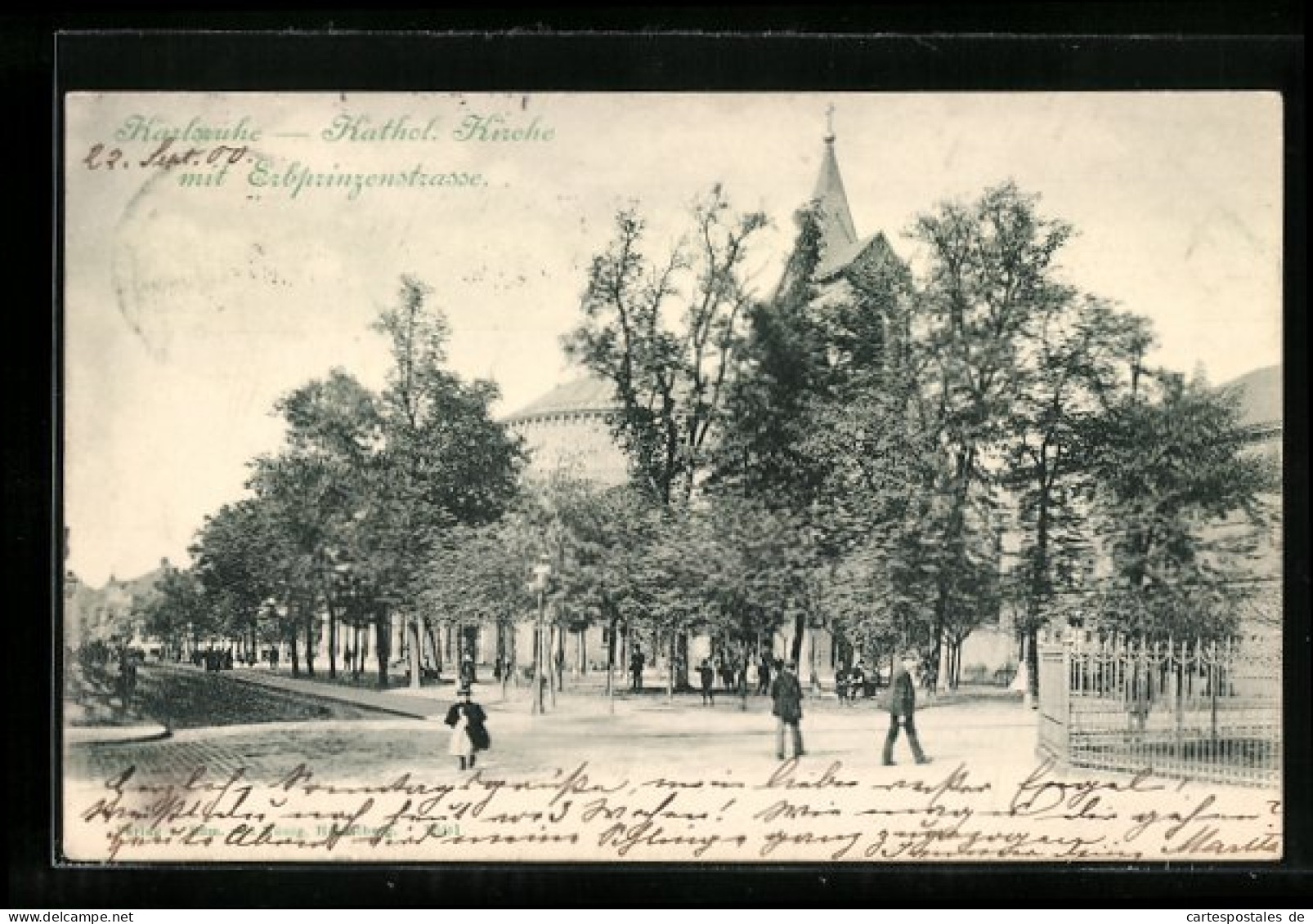 AK Karlsruhe I. B., Die Katholische Kirche Mit Erbprinzenstrasse  - Karlsruhe