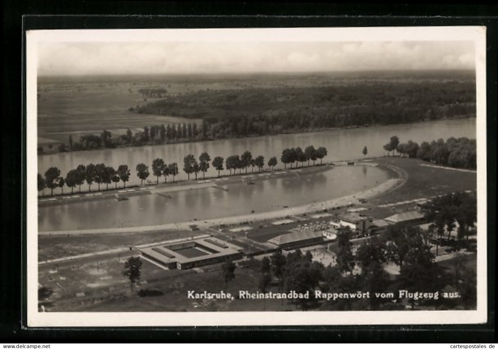 AK Karlsruhe I. B., Blick Auf Das Rheinstrandbad Rappenwört Vom Flugzeug Aus  - Karlsruhe