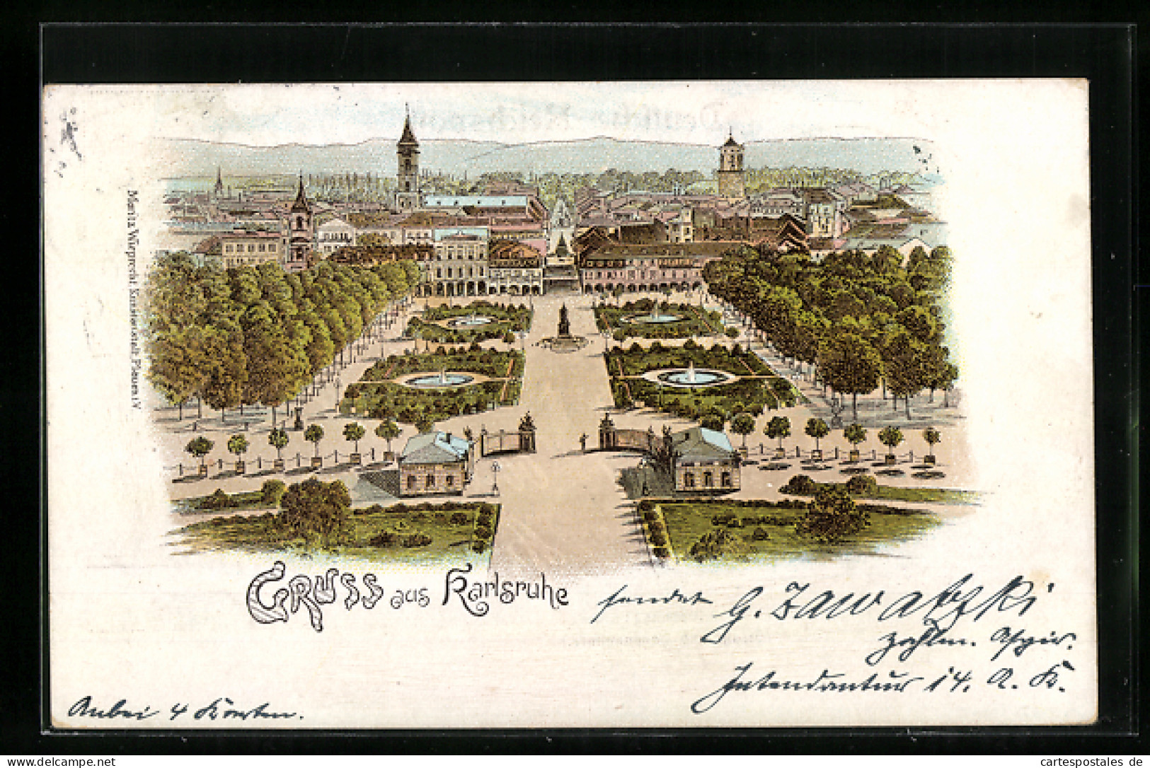 Lithographie Karlsruhe I. B., Schlossplatz Und Stadtpanorama  - Karlsruhe