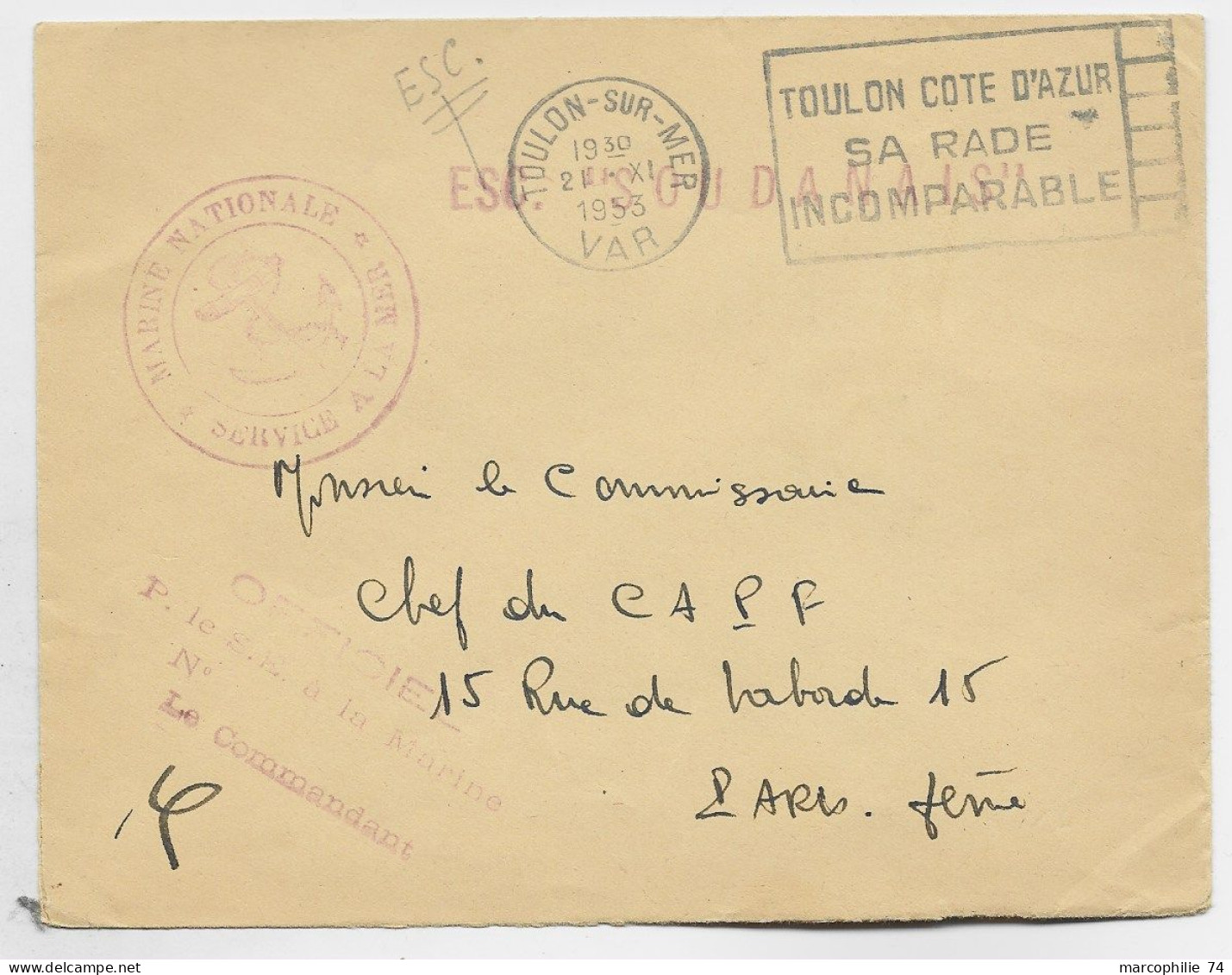 LETTRE FM OFFICIEL MEC TOULON 1955 VAR + GRIFFE ROUGE ESC " SOUDANAIS" + MARINE NATIONALE - Scheepspost