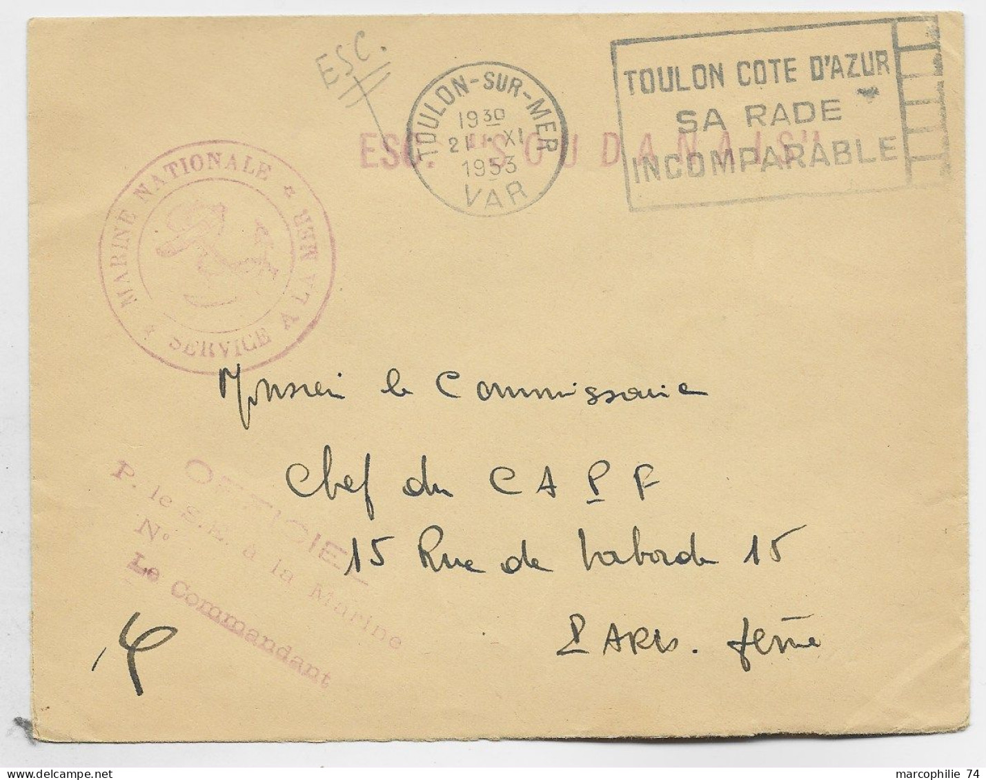 LETTRE FM OFFICIEL MEC TOULON 1955 VAR + GRIFFE ROUGE ESC " SOUDANAIS" + MARINE NATIONALE - Posta Marittima