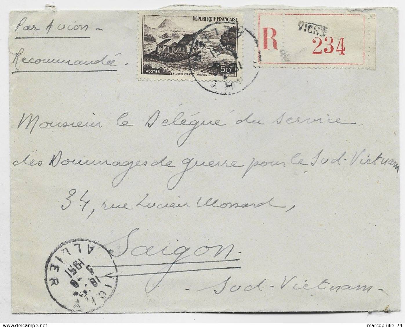 FRANCE N° 843 SEUL LETTRE COVER AVION COVER REC VICHY ALLIER 1951 POUR SAIGON SUD VIET NAM - 1921-1960: Période Moderne