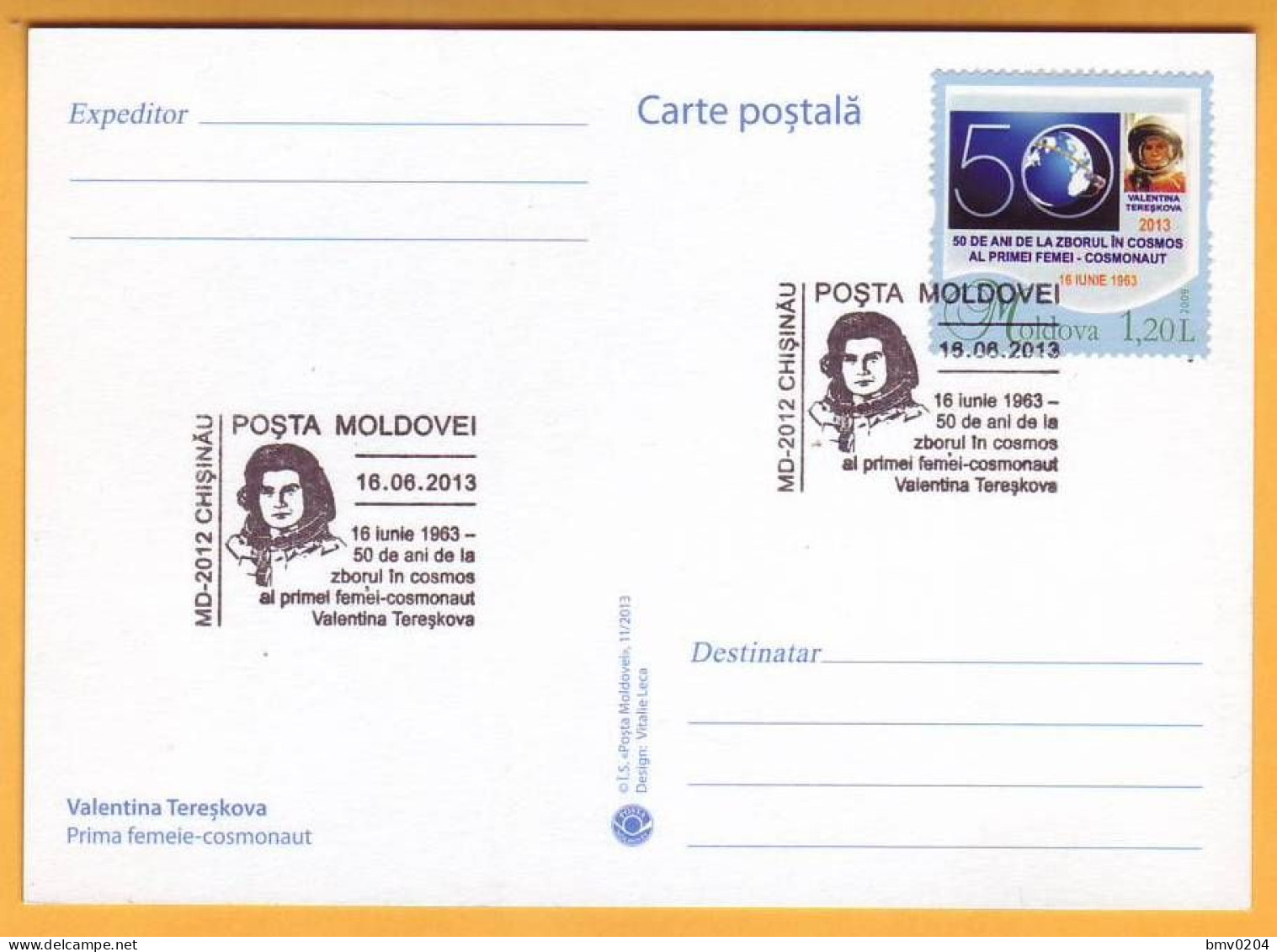 2013 Moldova Moldavie Moldau 50 Years Of Valentina Tereshkova. Special Cancellations.  Personal Stamp. - Russie & URSS
