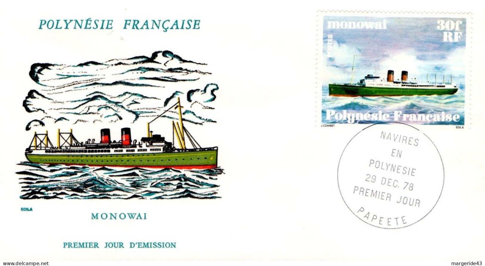 POLYNESIE FDC 1978 NAVIRE LE MONOWAI - FDC