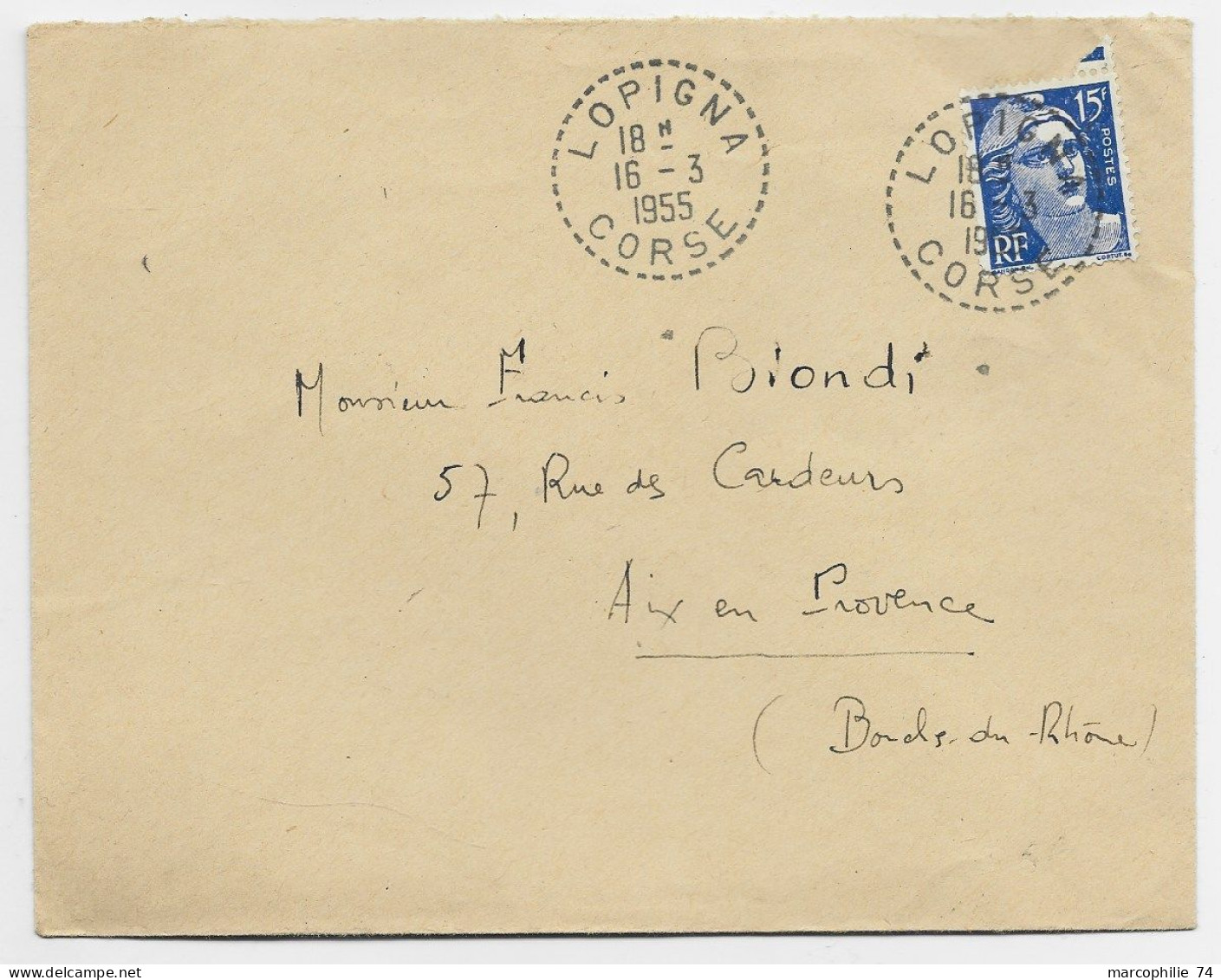 GANDON 15FR BLEU LETTRE C. PERLE LOPIGNA 16.3.1955 CORSE - Cachets Manuels