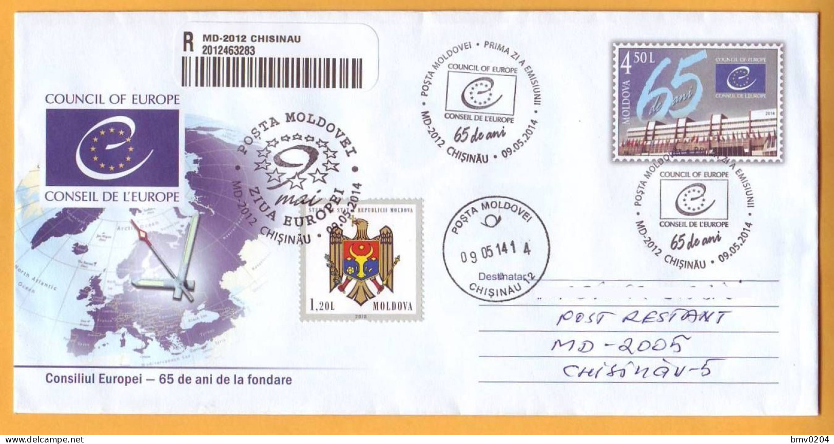 2014 Moldova Moldavie Moldau 65 Years Of Creation Of The Council Of Europe  FDC.Registered Mail. Postal History. - Idee Europee