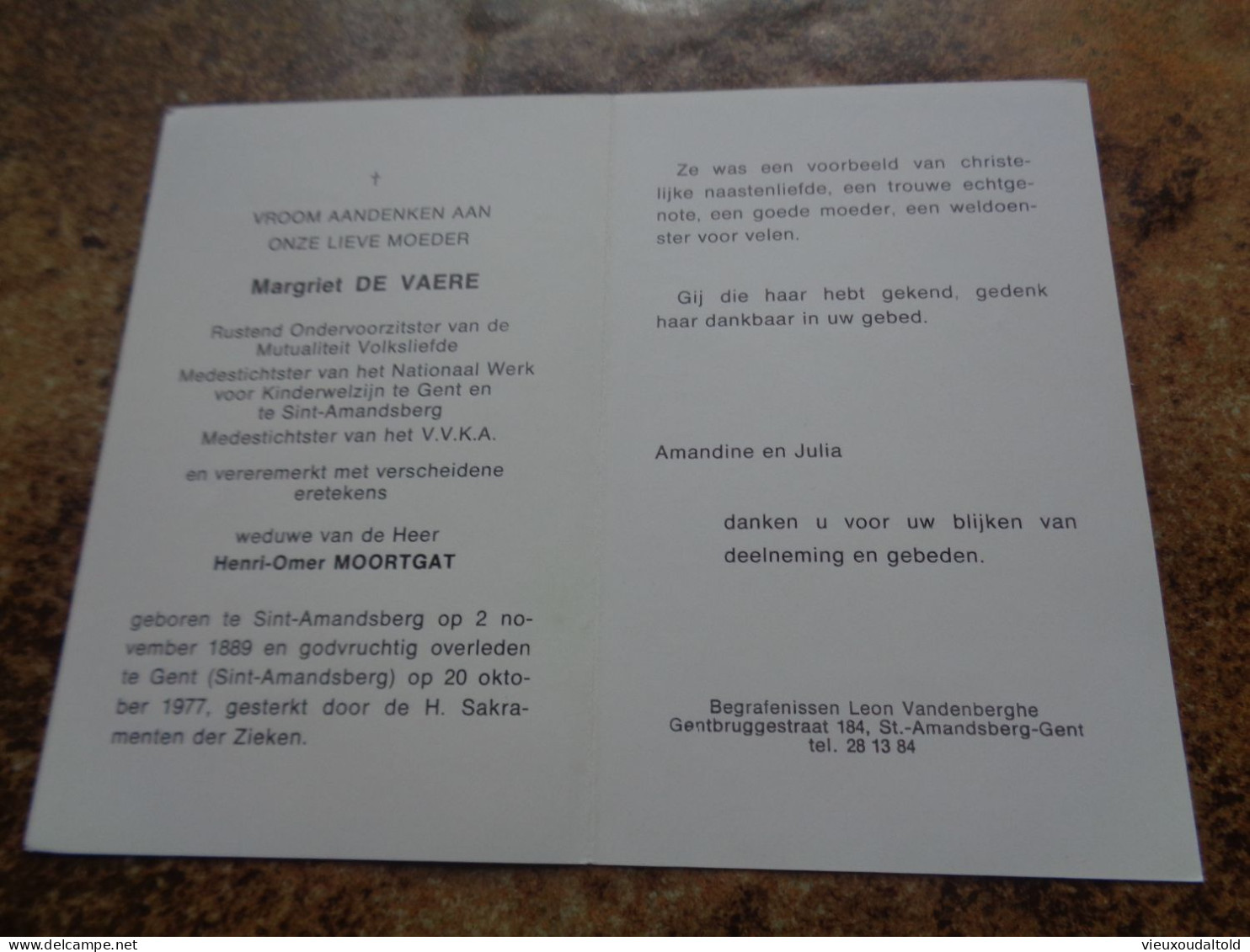 Doodsprentje/Bidprentje  Margriet DE VAERE   St Amandsberg 1889-1977 (Wwe MOORTGAT) Medest. N. W. K.Gent & St A'berg - Religion & Esotericism