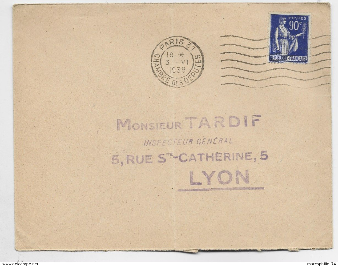 PAIX 90C BLEU LETTRE MEC FLIER PARIS 31 3.VI .1939 CHAMBRE DES DEPUTES - Mechanical Postmarks (Advertisement)