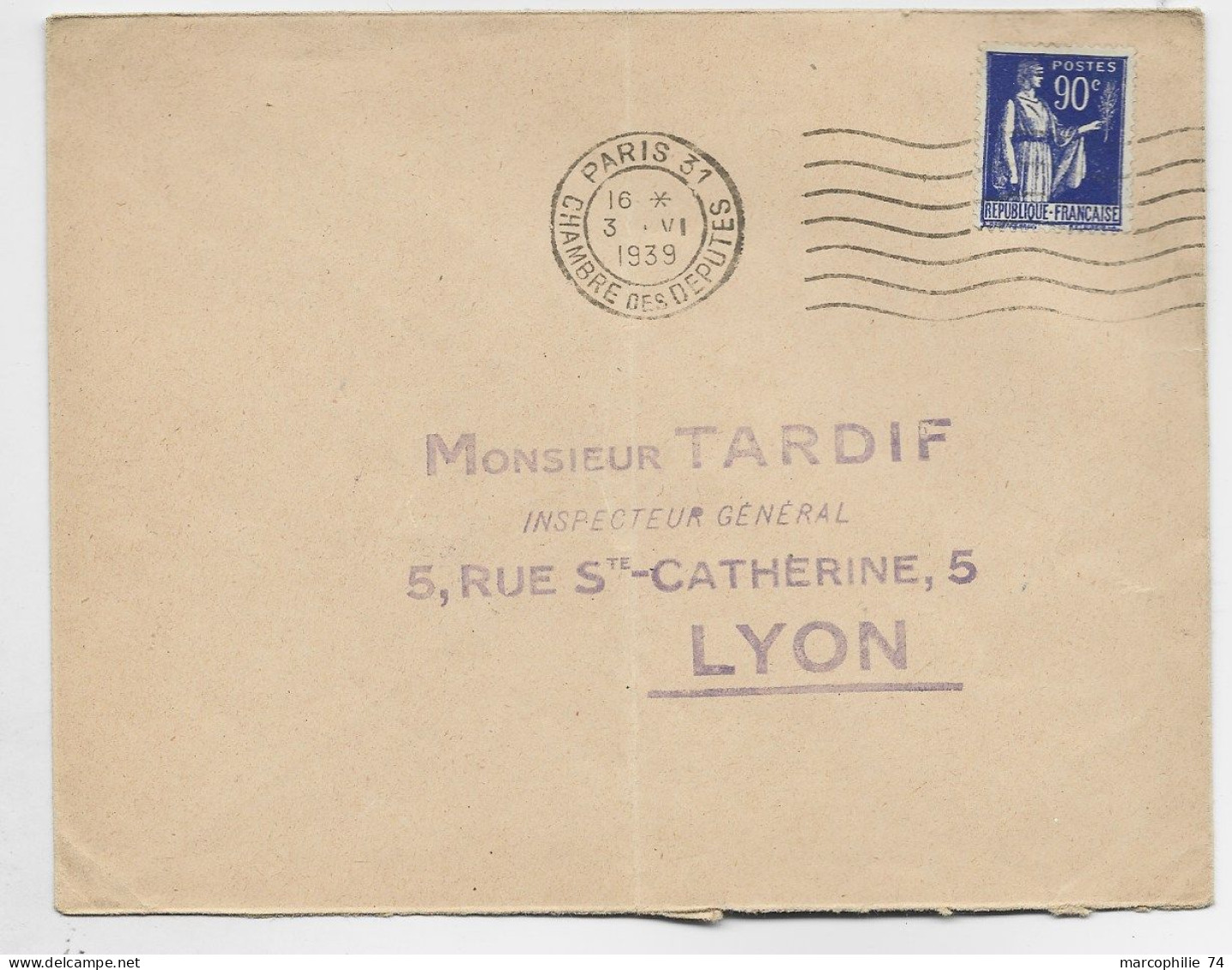 PAIX 90C BLEU LETTRE MEC FLIER PARIS 31 3.VI .1939 CHAMBRE DES DEPUTES - Maschinenstempel (Werbestempel)