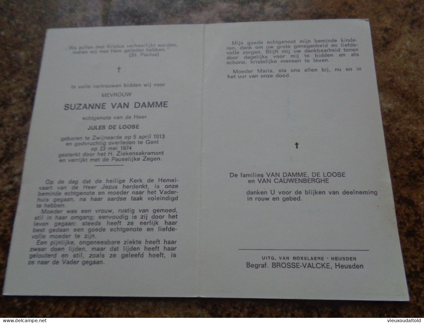 Doodsprentje/Bidprentje  SUZANNE VAN DAMME   Zwijnaarde 1913-1974 Gent  (Echtg Jules DE LOOSE) - Religion & Esotericism