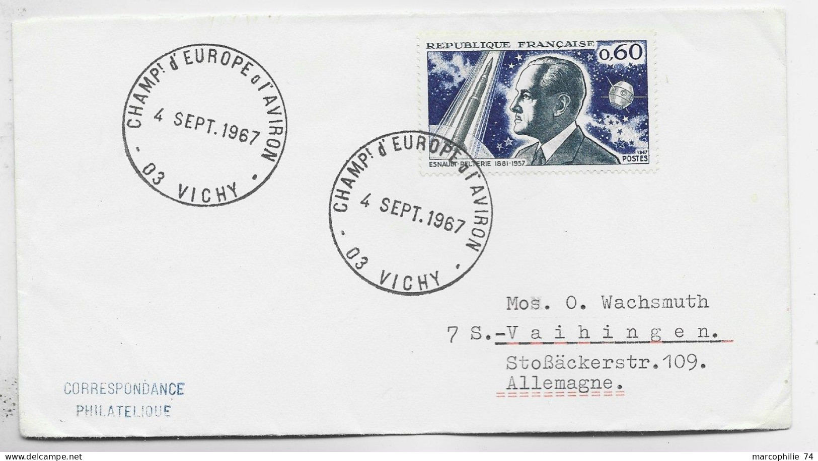 FRANCE 60C ESNAULT SEUL LETTRE COVER HOROPLAN CHAMP D'EUROPE L'AVIRON VICHY 4 SEPT 1967 ALLIER POUR ALLEMAGNE AU TARIF - Remo