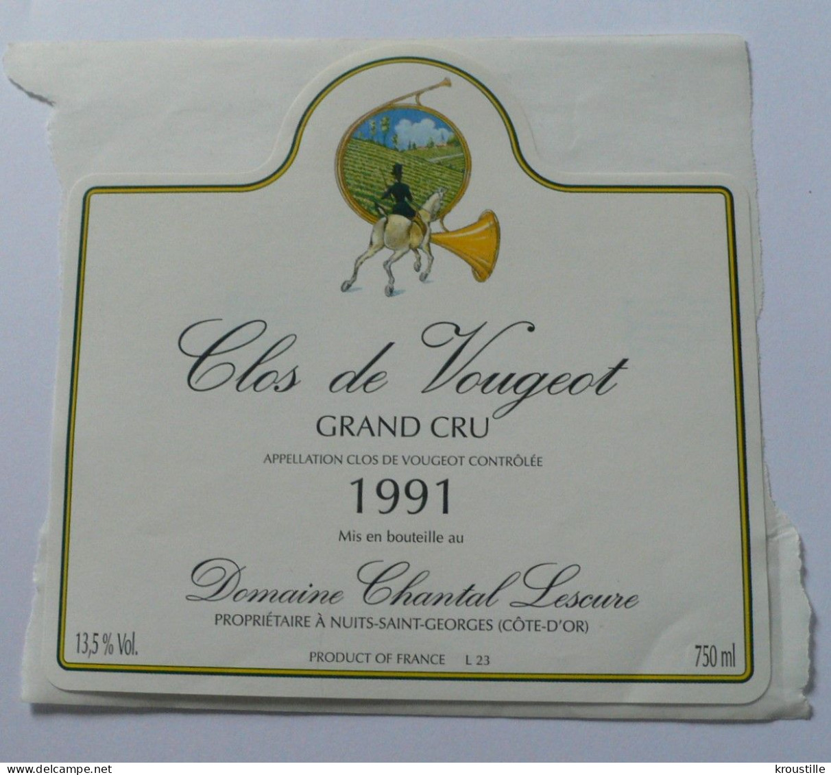 CLOS DE VOUGEOT - GRAND CRU 1991 - ETIQUETTE NEUVE - THEME CHASSE - Caza