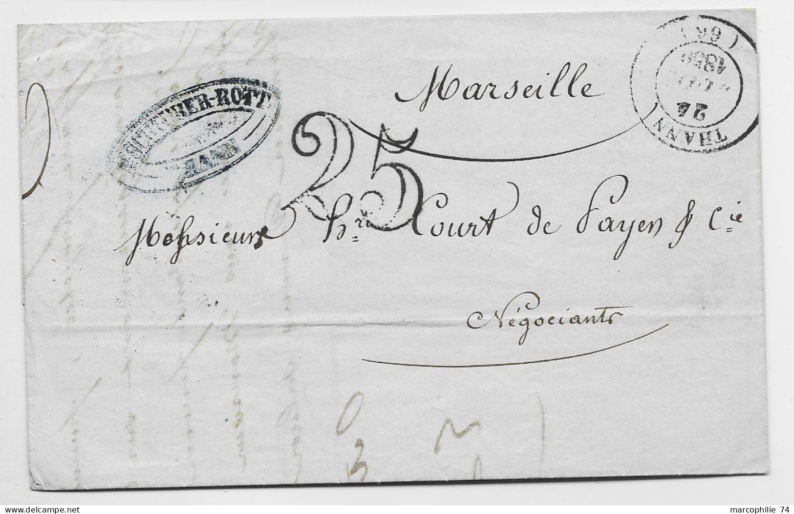 TYPE 14 THANN 1850 LETTRE + TAXE 25 DT POUR MARSEILLE - 1849-1876: Période Classique