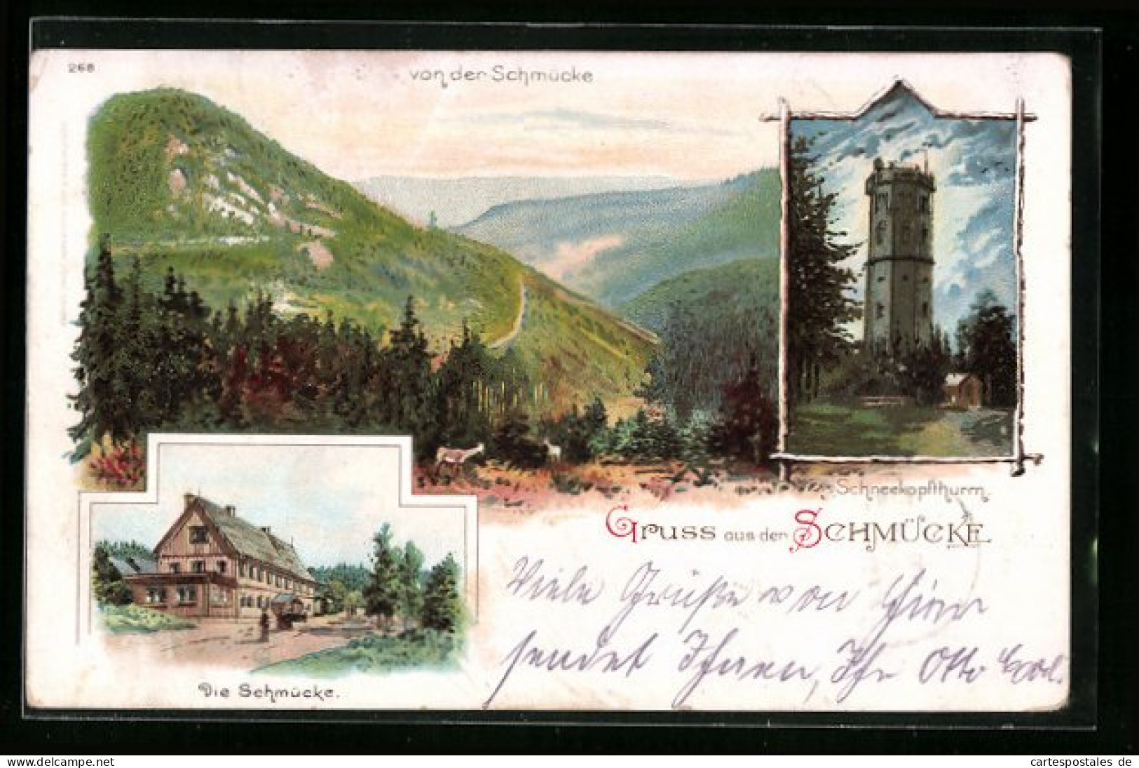 Lithographie Gehlberg, Gasthaus Schmücke, Schneekopfturm, Panorama  - Autres & Non Classés