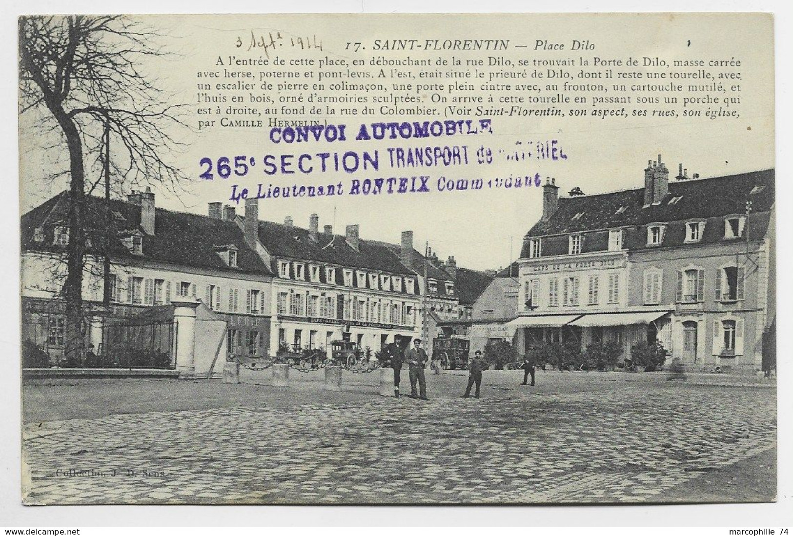 YONNE CARTE SAINT FLORENTIN + GRIFFE AU RECTO CONVOI AUTOMOBILE 265 E SECTION TRANSPORT MATERIEL ROSTEIX 1914 - WW I