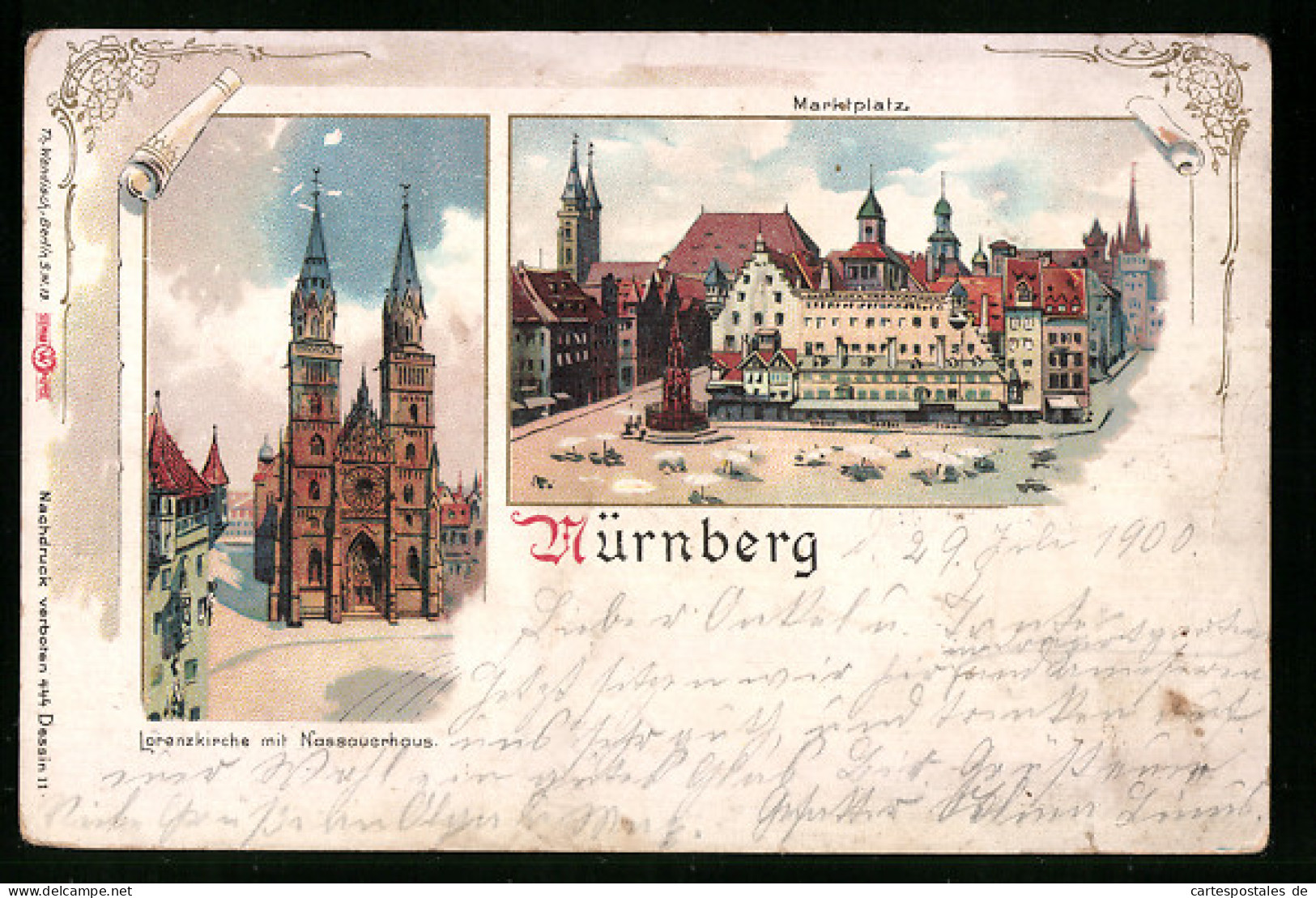 Lithographie Nürnberg, Marktplatz, Lorenzkirche Mit Nassauerhaus  - Nürnberg