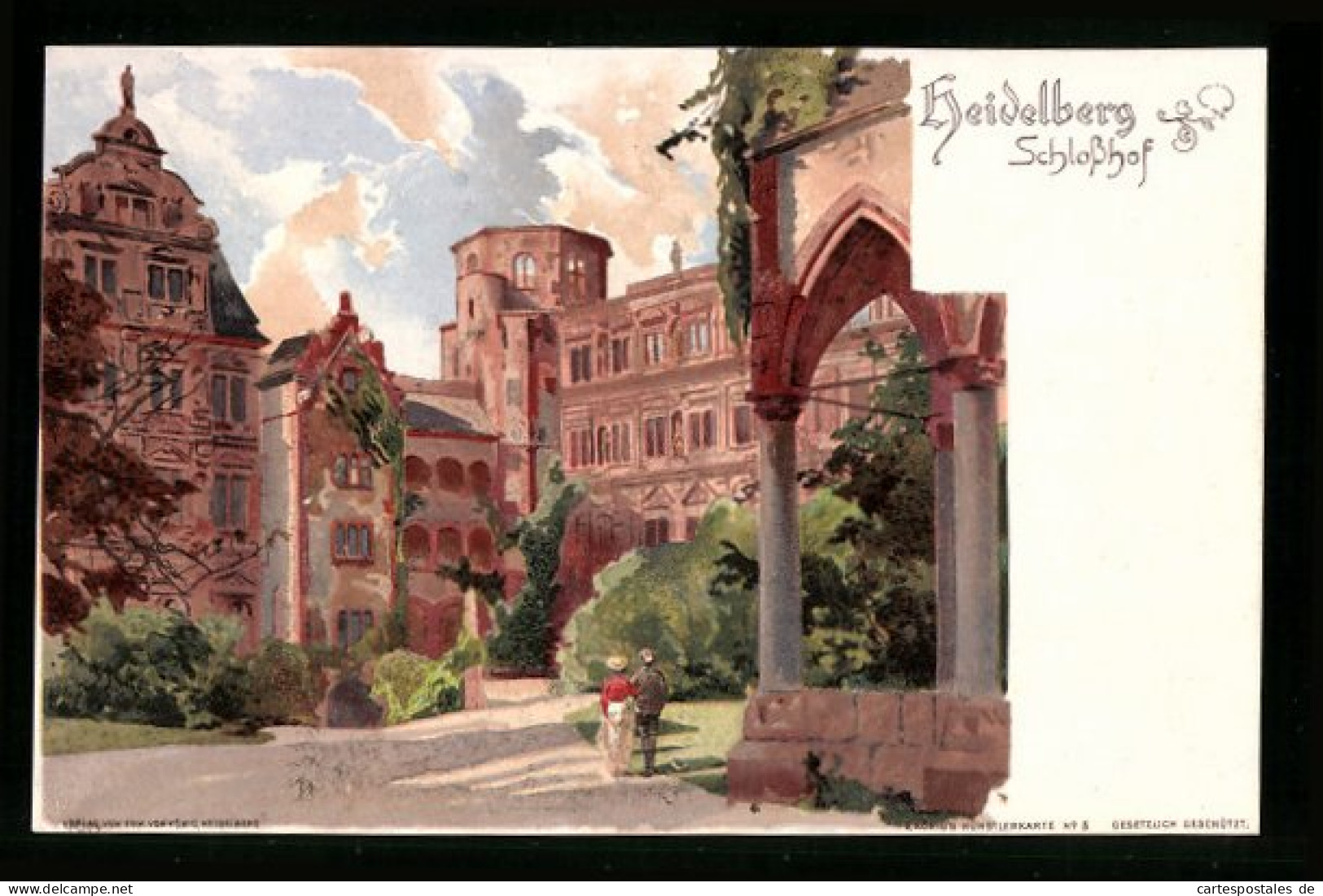Lithographie Heidelberg, Idylle Im Schlosshof  - Heidelberg
