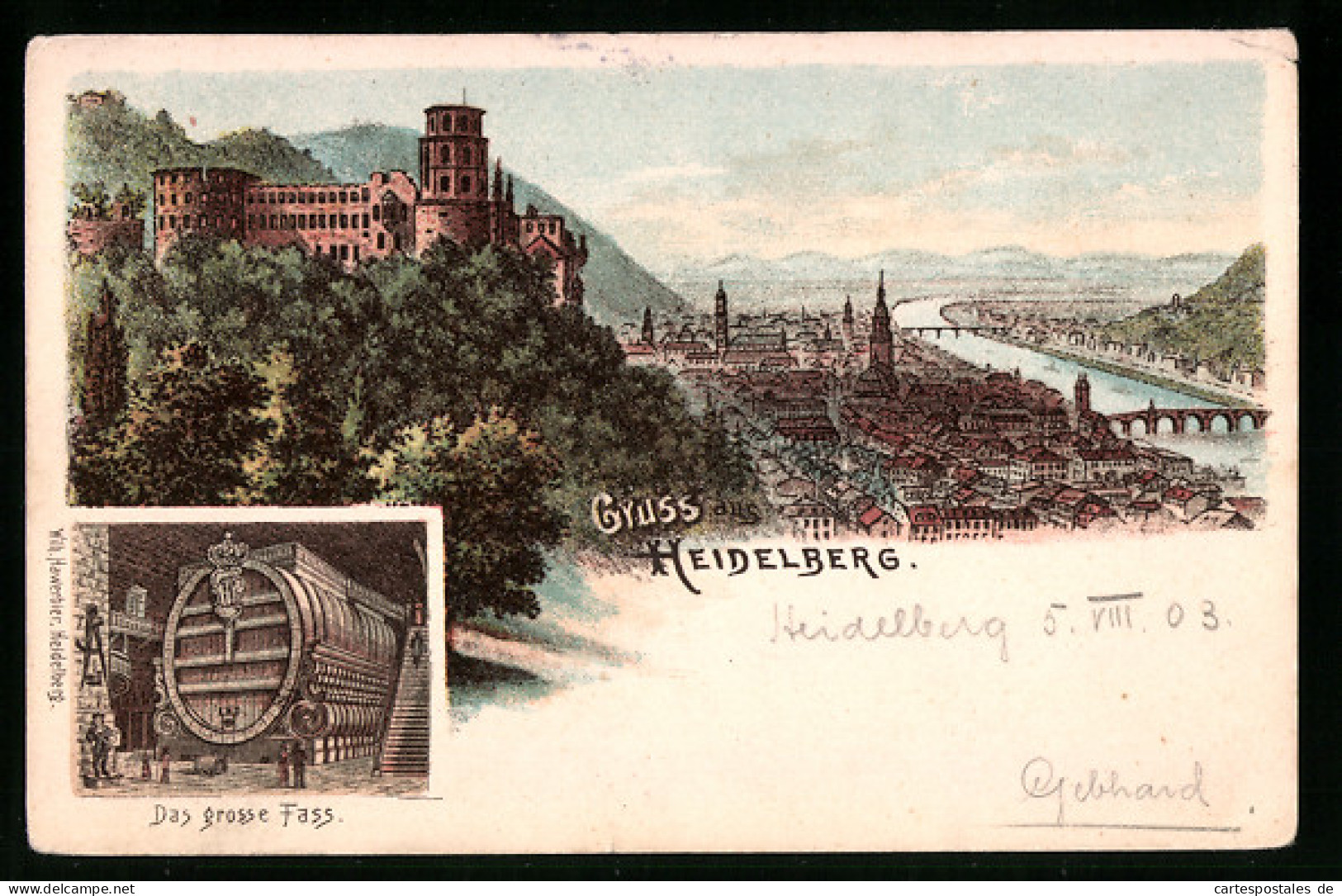 Lithographie Heidelberg, Panoramaansicht, Das Grosse Fass  - Heidelberg