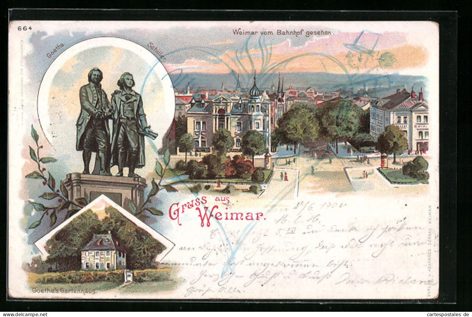 Lithographie Weimar, Goethe & Schiller-Denkmal, Stadt Vom Bahnhof Aus Gesehen  - Weimar