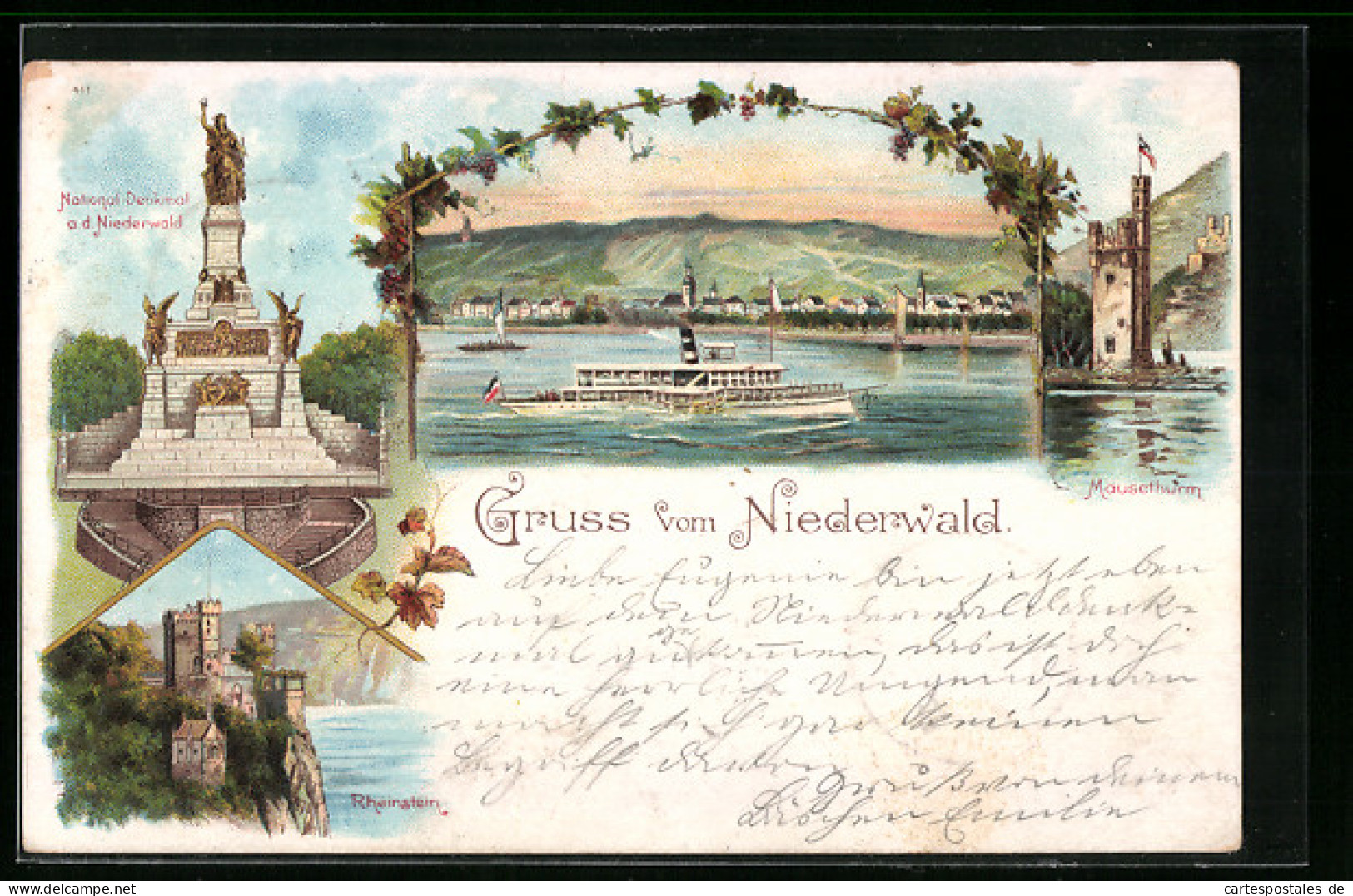 Lithographie Rüdesheim Am Rhein, Nationaldenkmal A.d. Niederwald, Rheinstein, Ortsansicht Mit Dampfschiff  - Rüdesheim A. Rh.