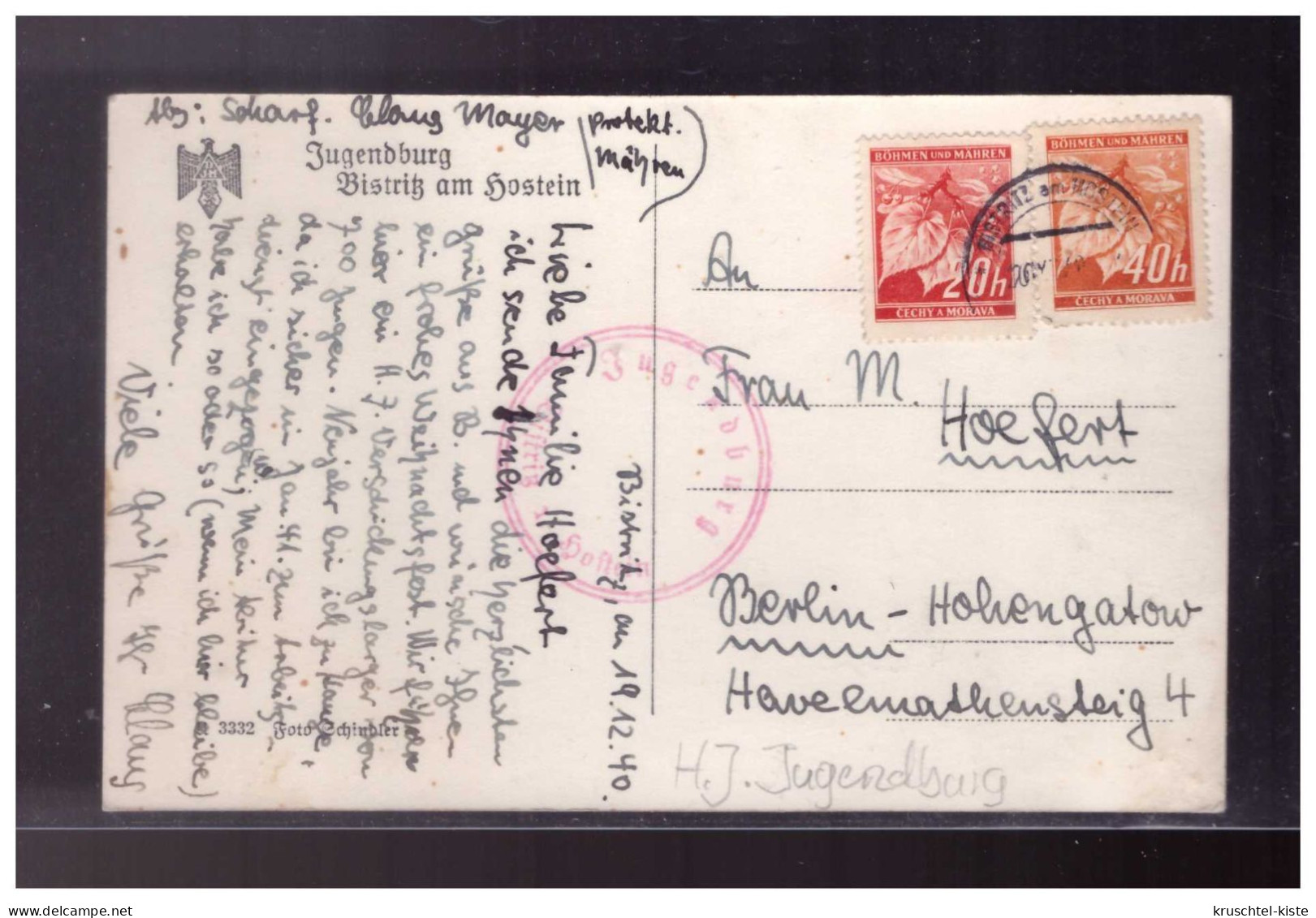 DT- Reich (024187) Propaganda AK Jugendburg Bistritz Am Hostein Mit Unsauberen Jugendburgstempel Gelaufen 1940 - Patriottiche