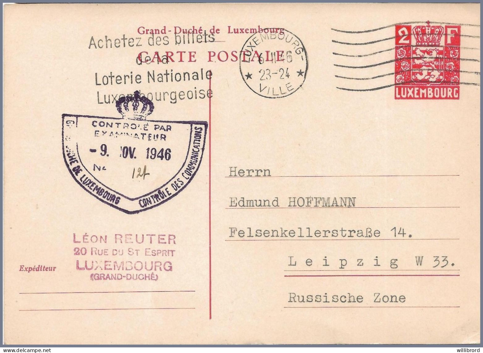 LUXEMBOURG 1946 CENSOR - 2F UPU Arms Postal Card To Germany - Interi Postali