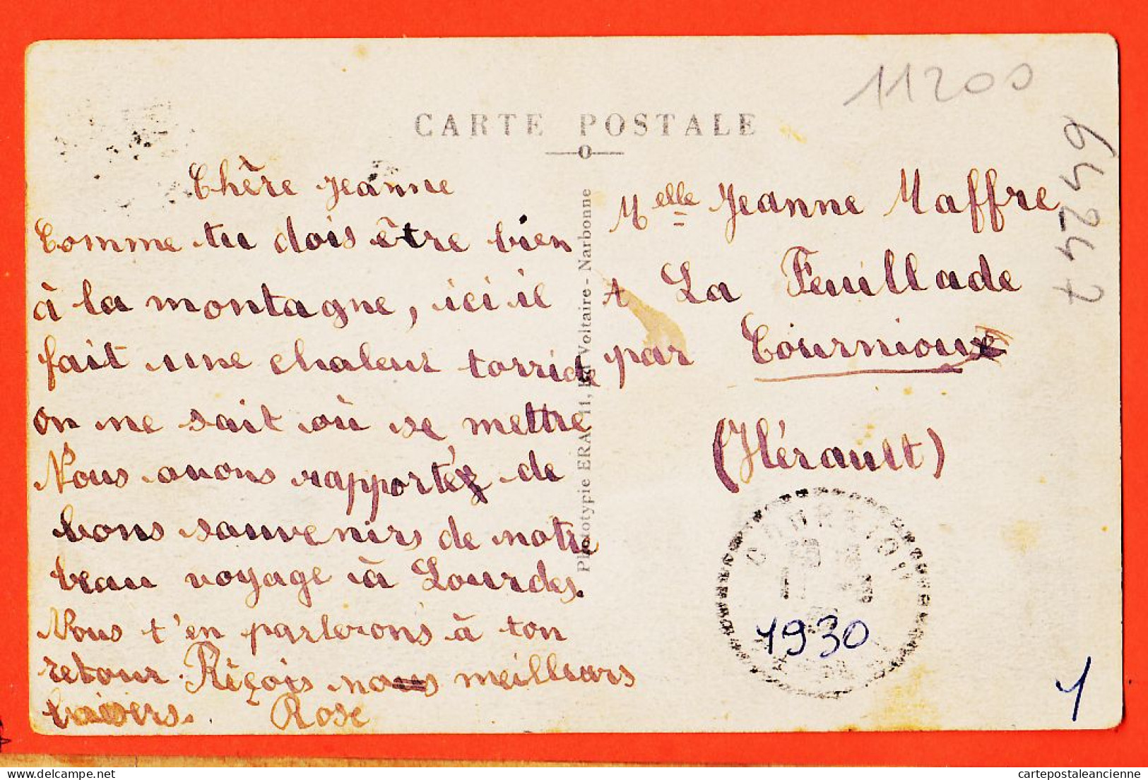 38954 / ⭐ ♥️ CRUZY 34-Hérault ◉ Col ROCHETOURCADE 1930  à Jeanne MAFFRE La Feuillade Cornioux ◉ Edition PIGASSOU ERAS - Autres & Non Classés