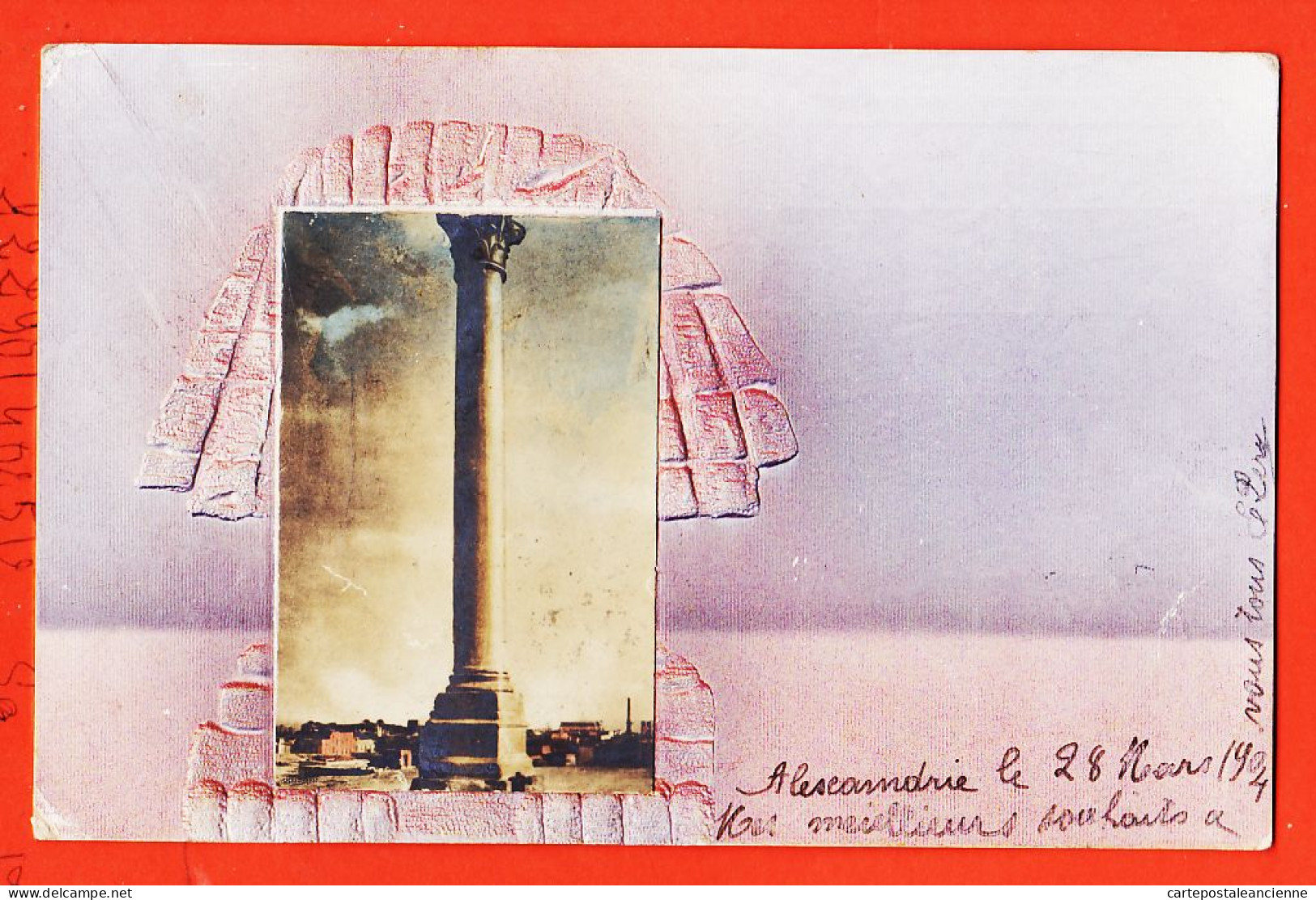 38934A / ⭐ ♥️ Egypte Rare Carte Relief Avec Ajouti Photo ◉ Colonne POMPEE ◉ 1904 à Henri VOUZANGES Sanois ◉ Embossed - Sphynx
