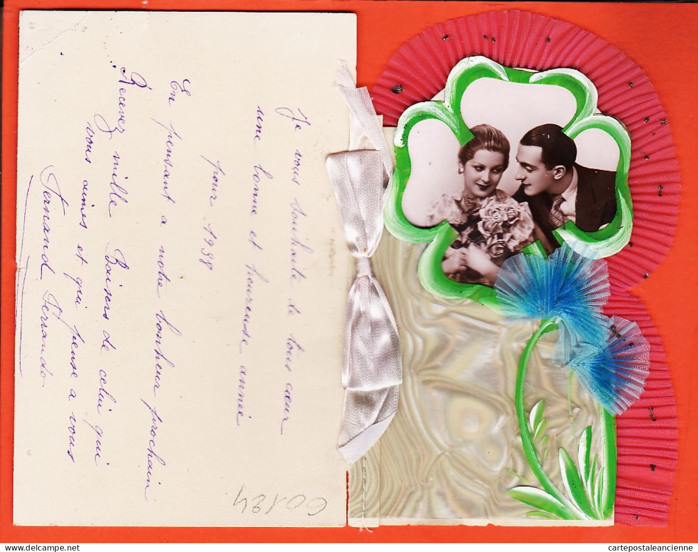 38772  / ⭐ ♥️ TOP Double-Carte 3 Feuillets Tissus Contour Fleur Tulle Feuillet Nacre Photo Couple 1938 Fernand FERRANDO - Neujahr
