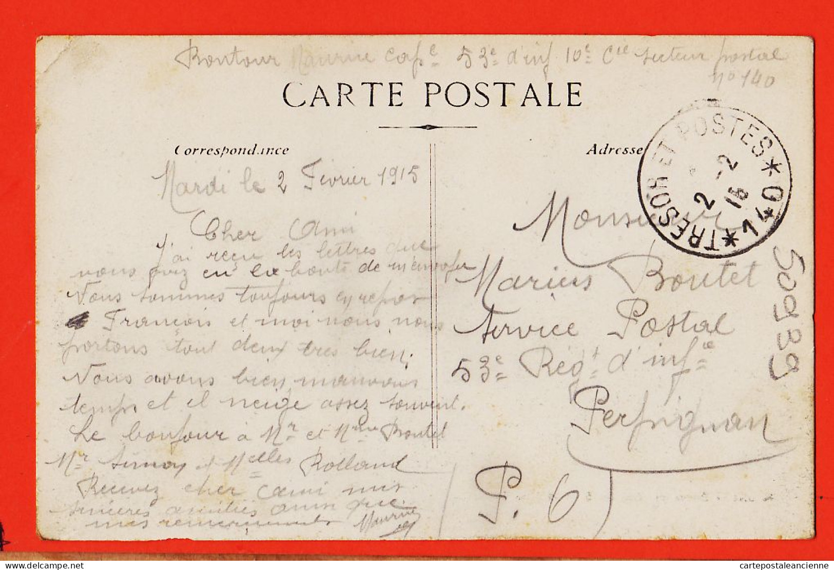 38518 / ⭐ 34-CETTE Sete Chapelle SAINT-CLAIR St 1915 à Marius BOUTET Secteur 140 53e Infanterie Perpignan / MOULET ROURE - Sete (Cette)