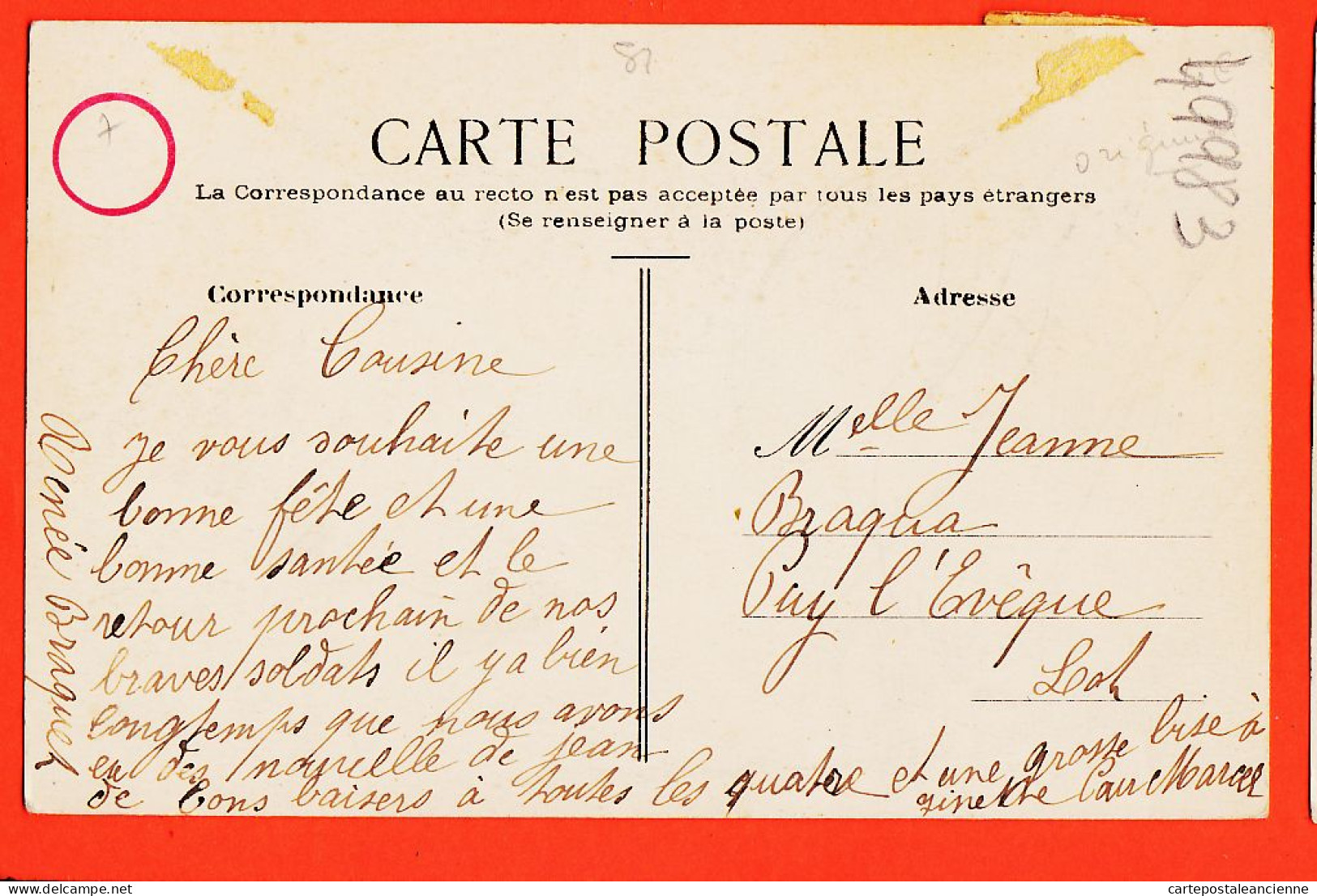 38823  / ⭐ BONNE FETE Plus Doux Souvenir Voeux Enveloppe Ouverte PENSEES CpaWW1 à Jeanne BRAQUA Puy L'Evêque - Other & Unclassified