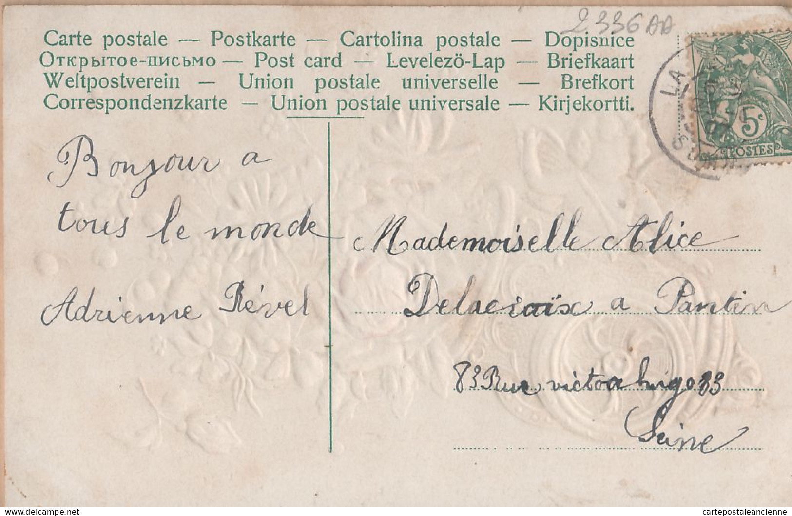 38723  / ⭐ Carte Gauffrée Relif Embossed COEUR AMI ENVOIE Ange Canon Fleurs 1907 à Alice DELACROIX Pantin ¤S/Edit - Anges