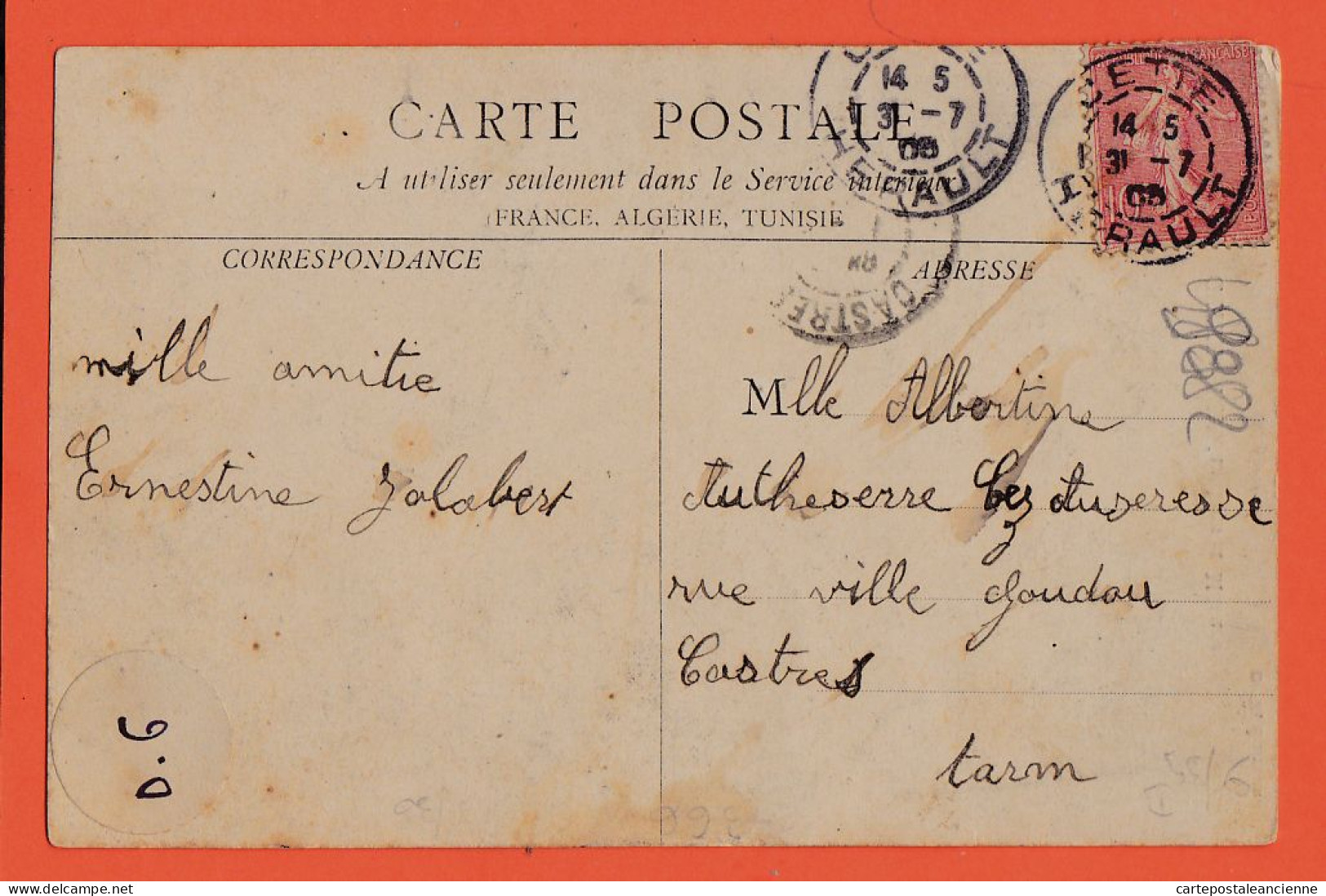 38546 / ⭐ CETTE Sète Pêcheur Dans La MATURE Voilier Pêche 291A 1908 D'Ernestine JALABERT à  Albertine AUSERESSES Castres - Sete (Cette)