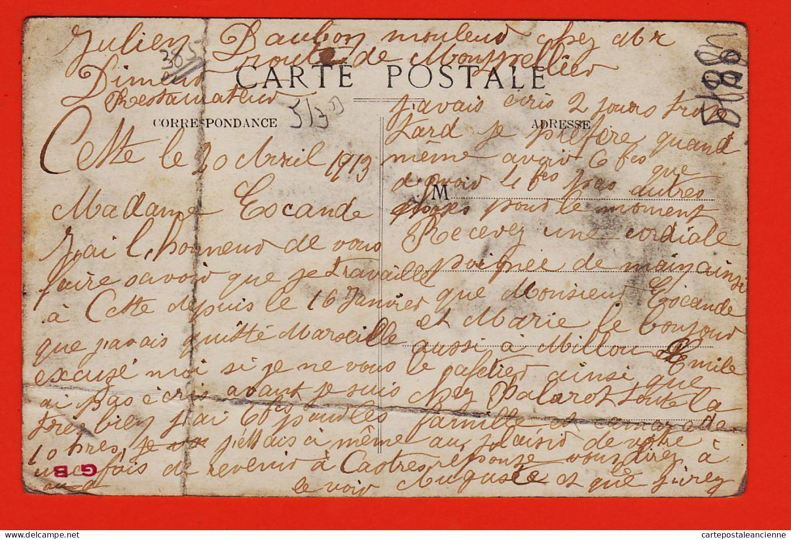 38542 / ⭐ Lisez 1913 De Julien DAUCHON Mouleur C DIMEUR Restaurateur à CETTE Quai BOSC Rue POSTES Montagne SAINT-CLAIR - Sete (Cette)