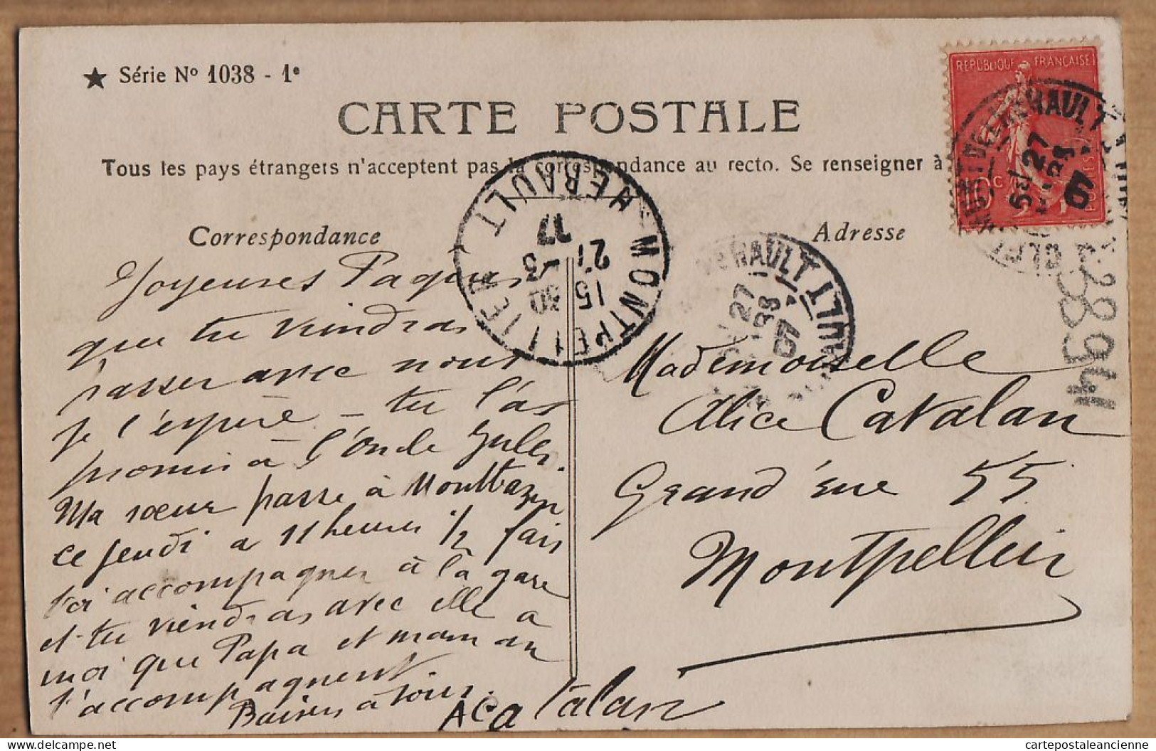 38828  / ⭐ JOYEUSES PÂQUES Fillette Oeuf Géant 27-03-1917 à Alice CATALAN  55 Grand-Rue Montpellier-Série 1038 1er - Pasen