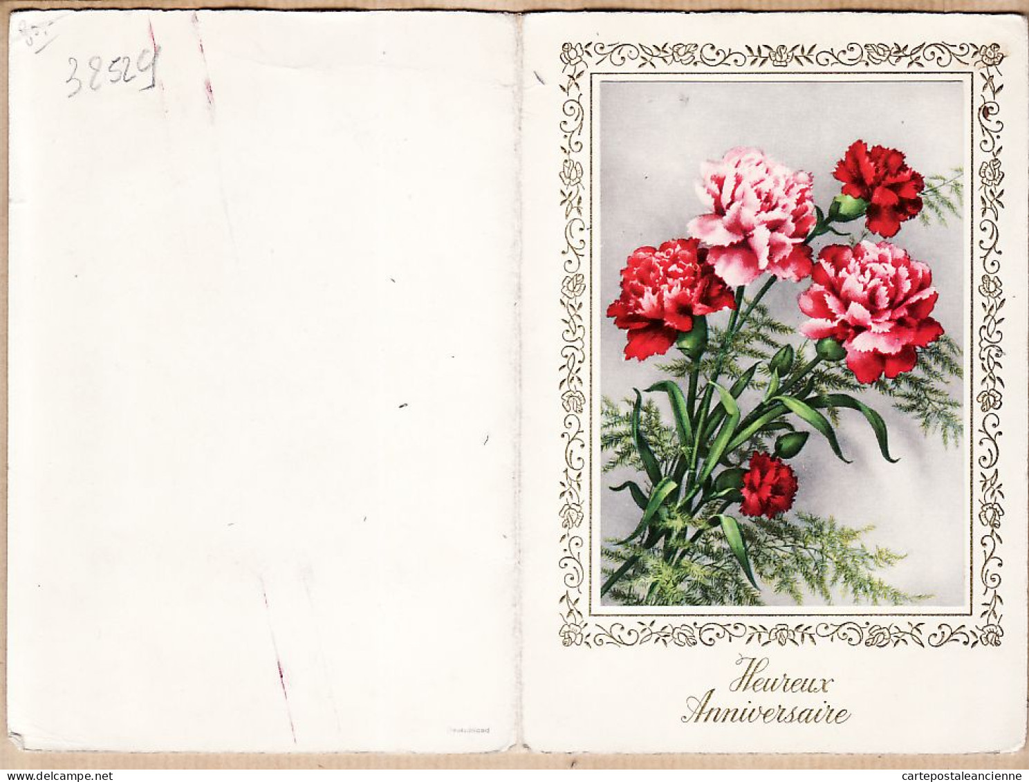 38704  / ⭐ Double Carte Heureux Anniversaire Bouquet OEILLETS 1960s  - Birthday